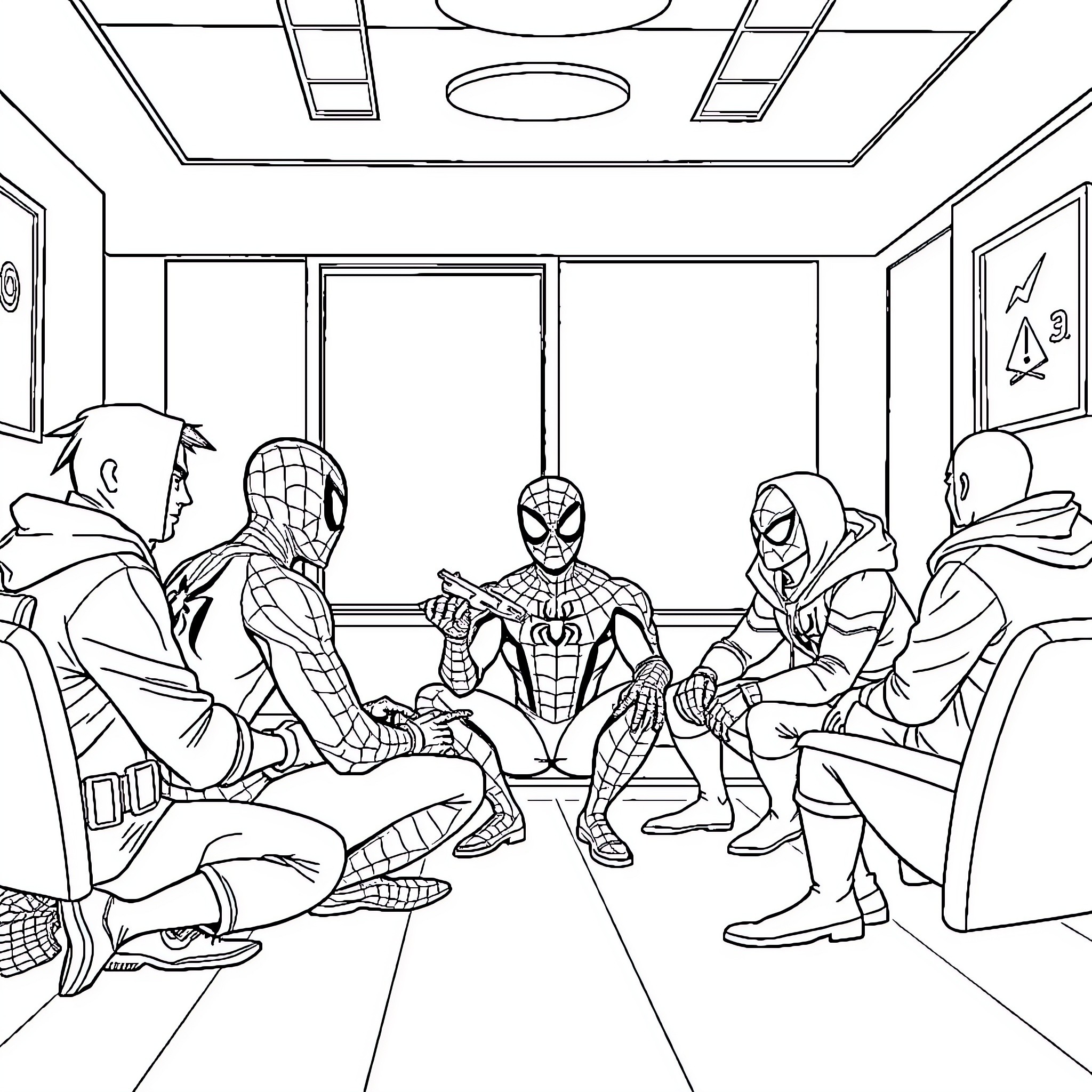 Spiderman and Superheroes Gathering in Headquarters Coloring Page (free black-and-white line drawing printable PDF for all, from beginners to advanced learners, including children, teens, adults, and seniors)