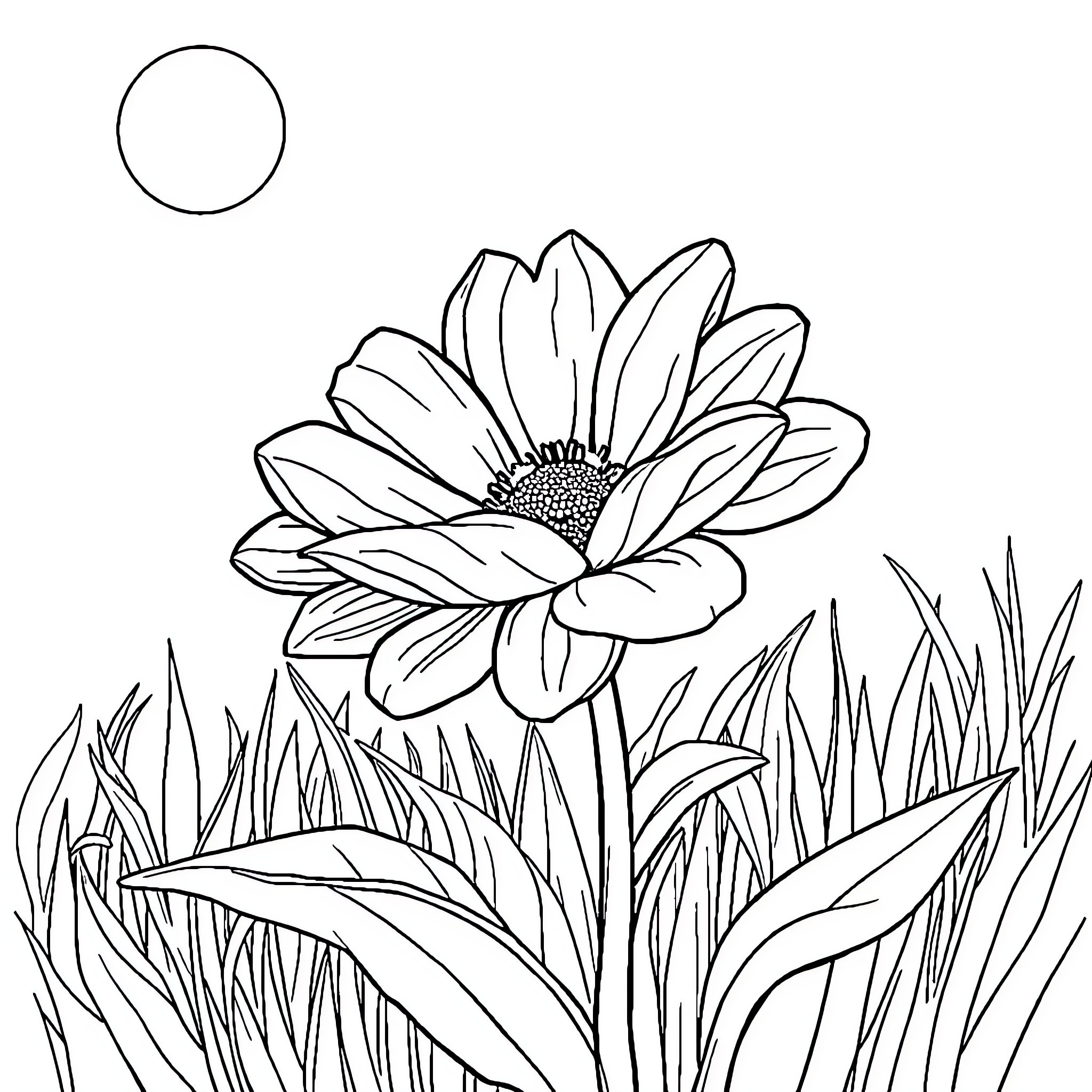 Flower blooming in the meadow Coloring Page (free black-and-white line drawing printable PDF for all, from beginners to advanced learners, including children, teens, adults, and seniors)