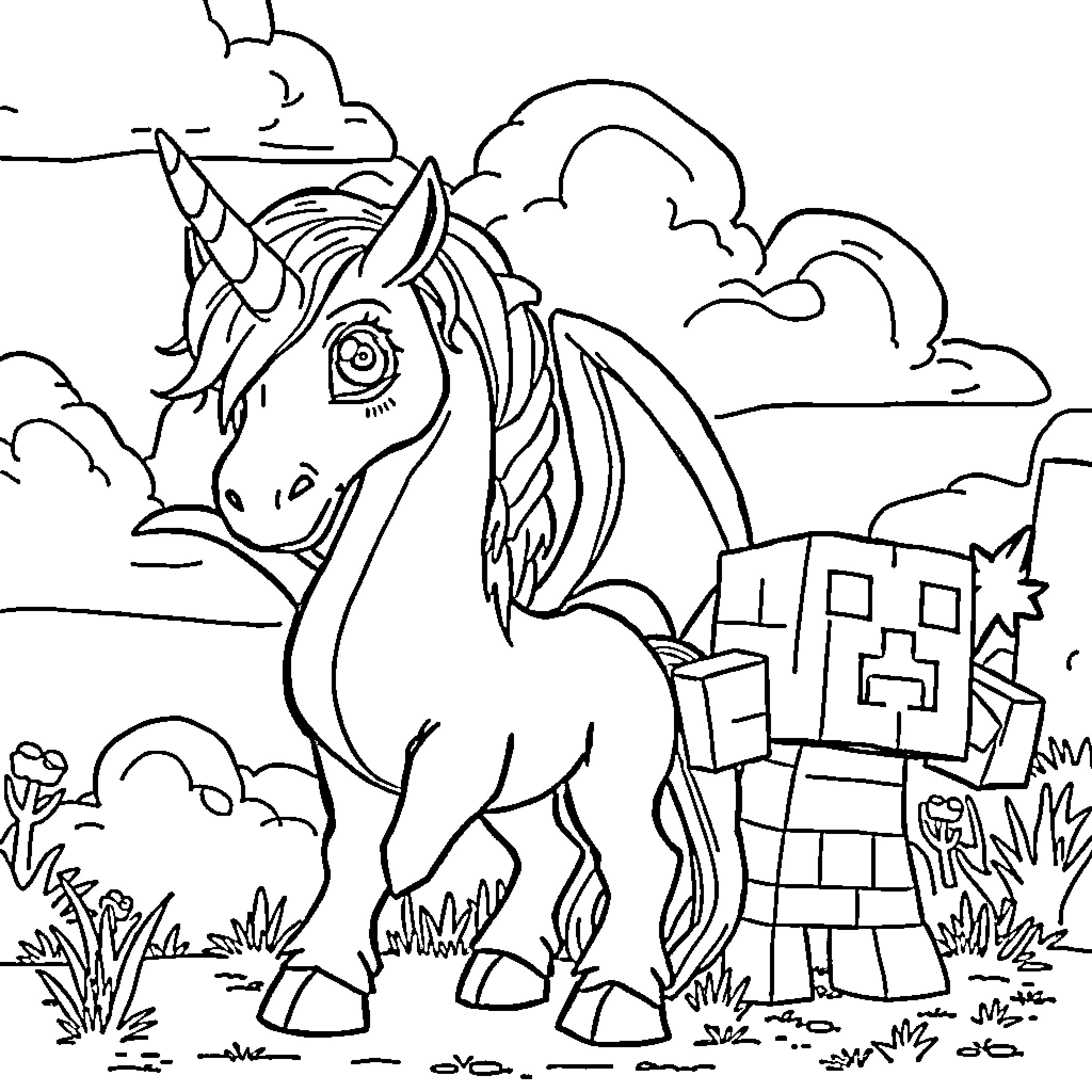Centaur unicorn exploring a fantasy landscape Coloring Page (free black-and-white line drawing printable PDF for all, from beginners to advanced learners, including children, teens, adults, and seniors)