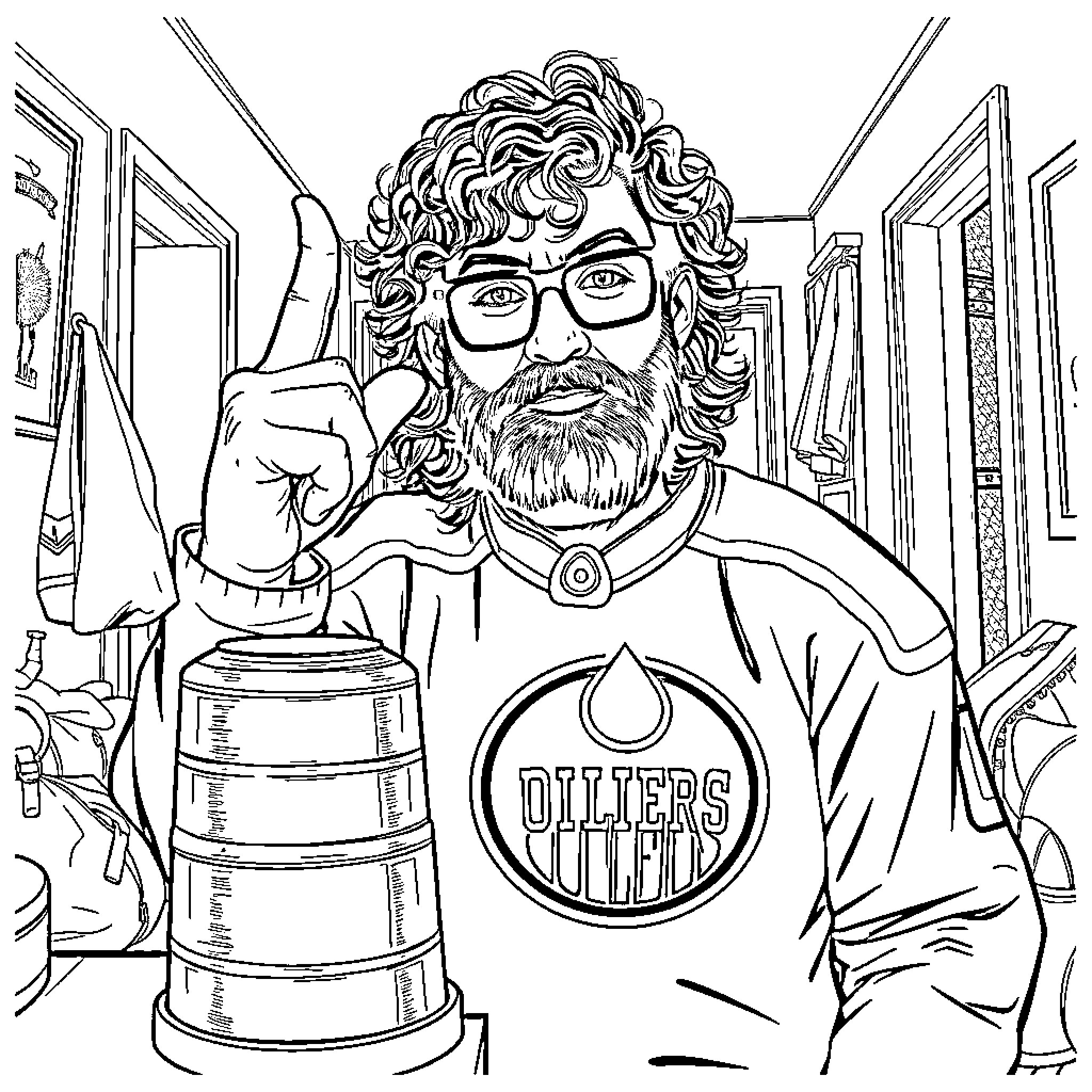 Man with Curly Hair and Beard Holding Oilers Gear Coloring Page (free black-and-white line drawing printable PDF for all, from beginners to advanced learners, including children, teens, adults, and seniors)