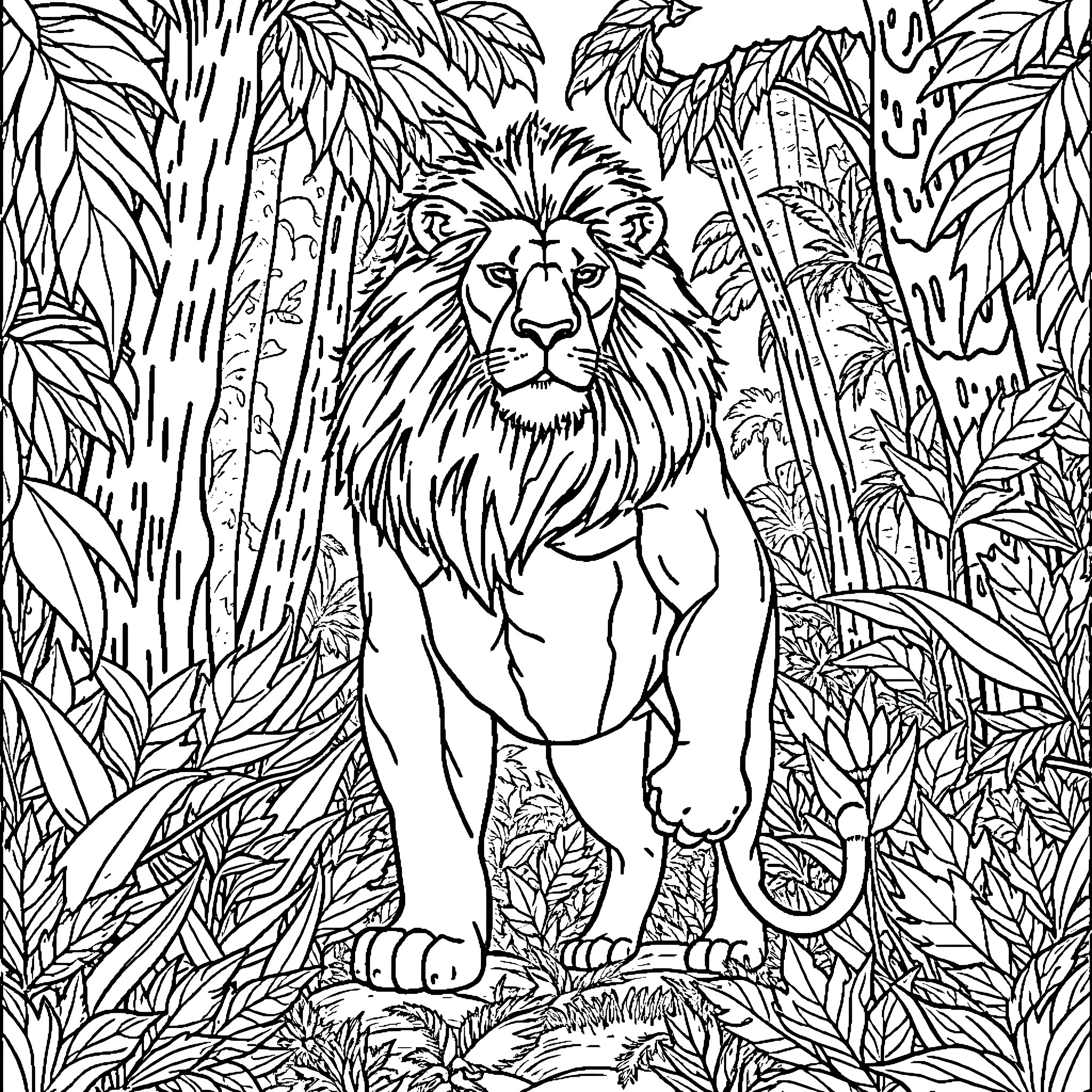Lion-Man in Lush Jungle Landscape Coloring Page (free black-and-white line drawing printable PDF for all, from beginners to advanced learners, including children, teens, adults, and seniors)