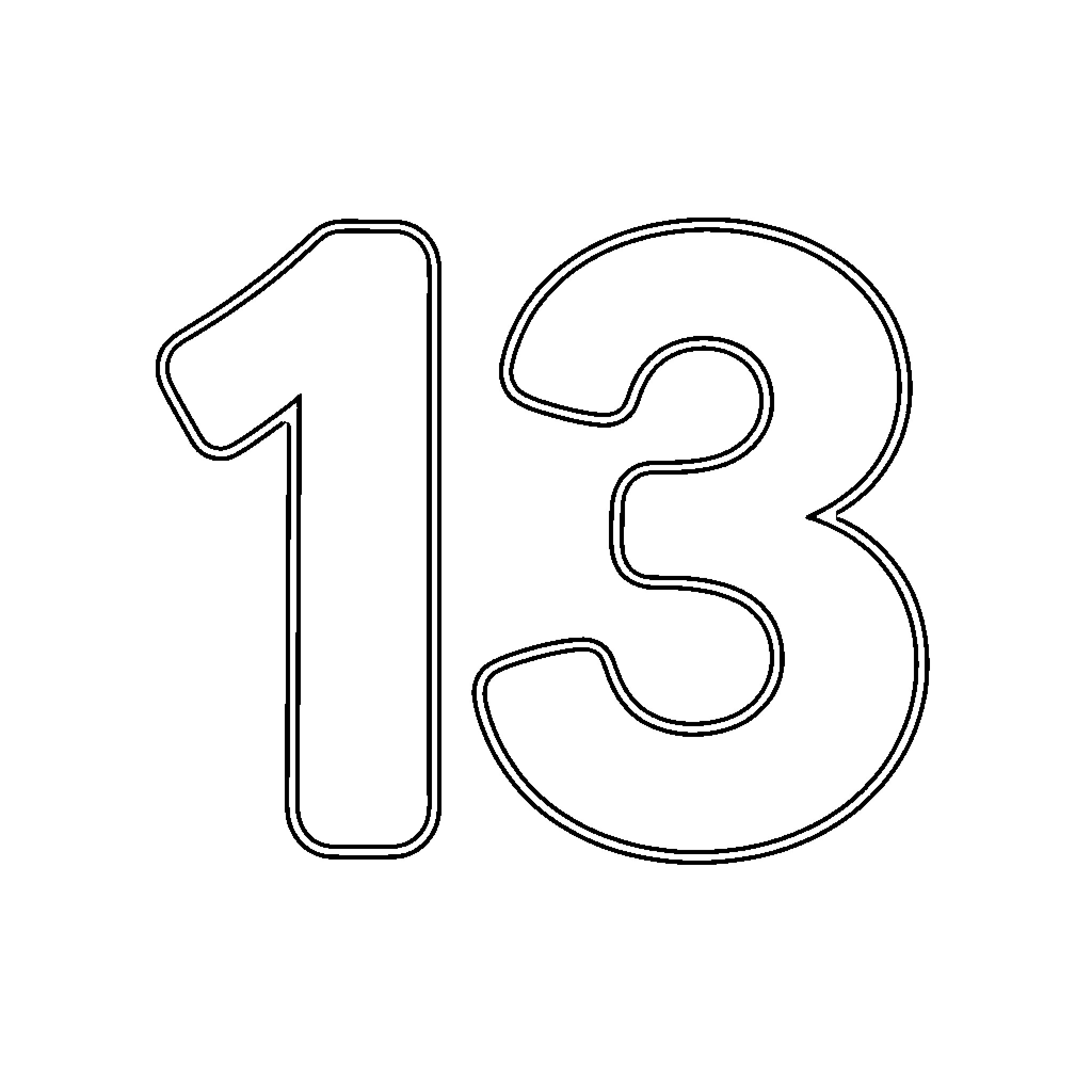 Number 13 Outline Drawing Coloring Page (free black-and-white line drawing printable PDF for all, from beginners to advanced learners, including children, teens, adults, and seniors)