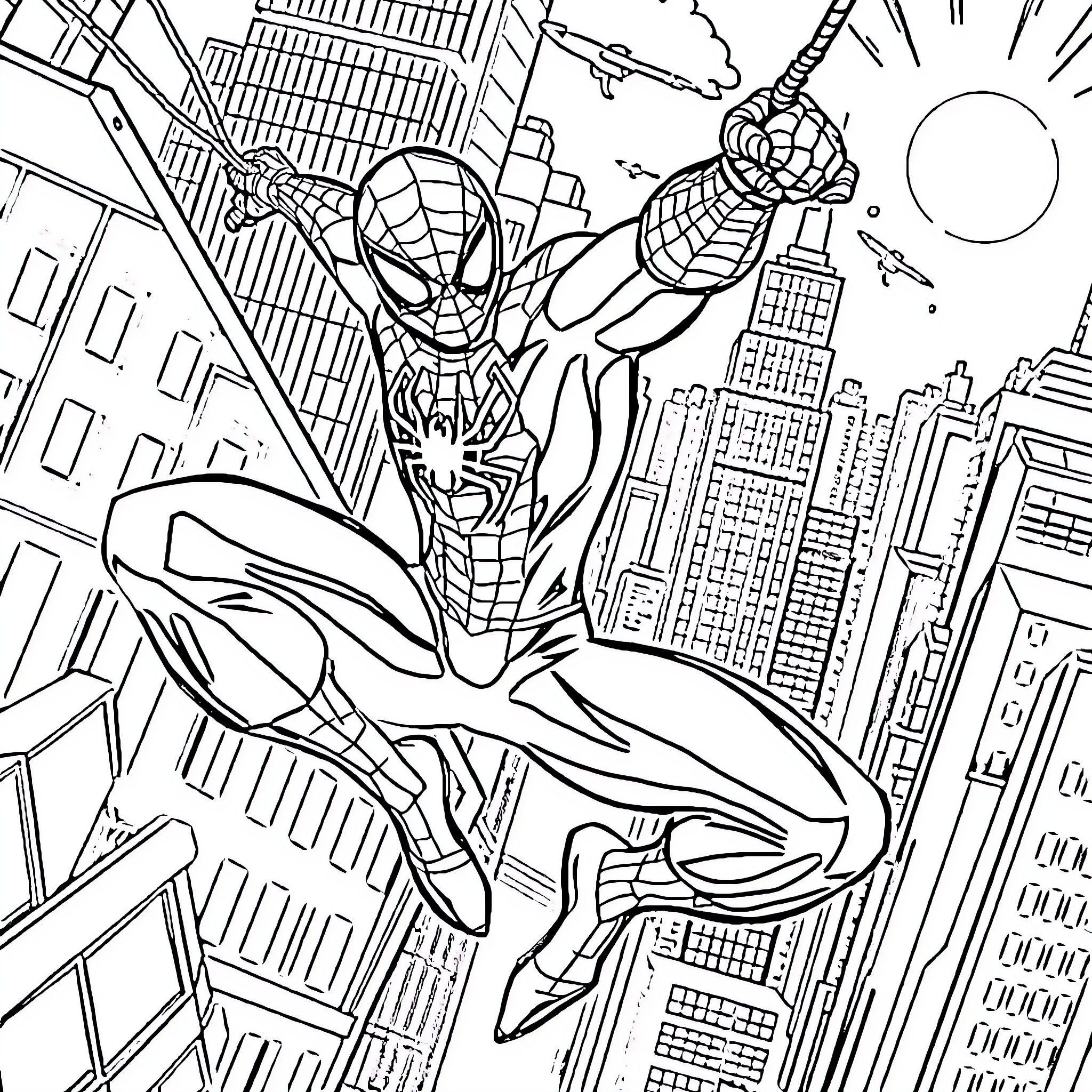 Spiderman swinging through the city skyline Coloring Page (free black-and-white line drawing printable PDF for all, from beginners to advanced learners, including children, teens, adults, and seniors)