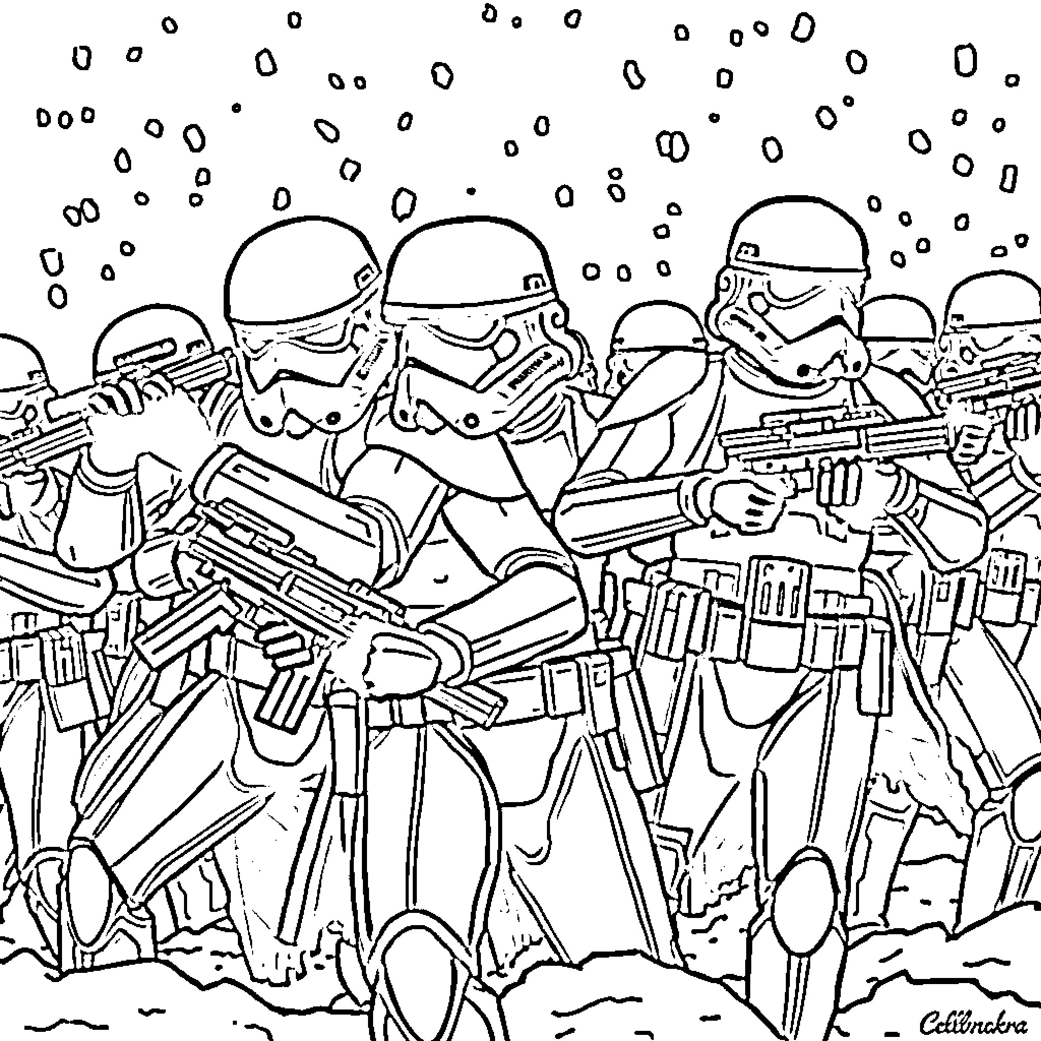 Stormtroopers in action on the battlefield Coloring Page (free black-and-white line drawing printable PDF for all, from beginners to advanced learners, including children, teens, adults, and seniors)