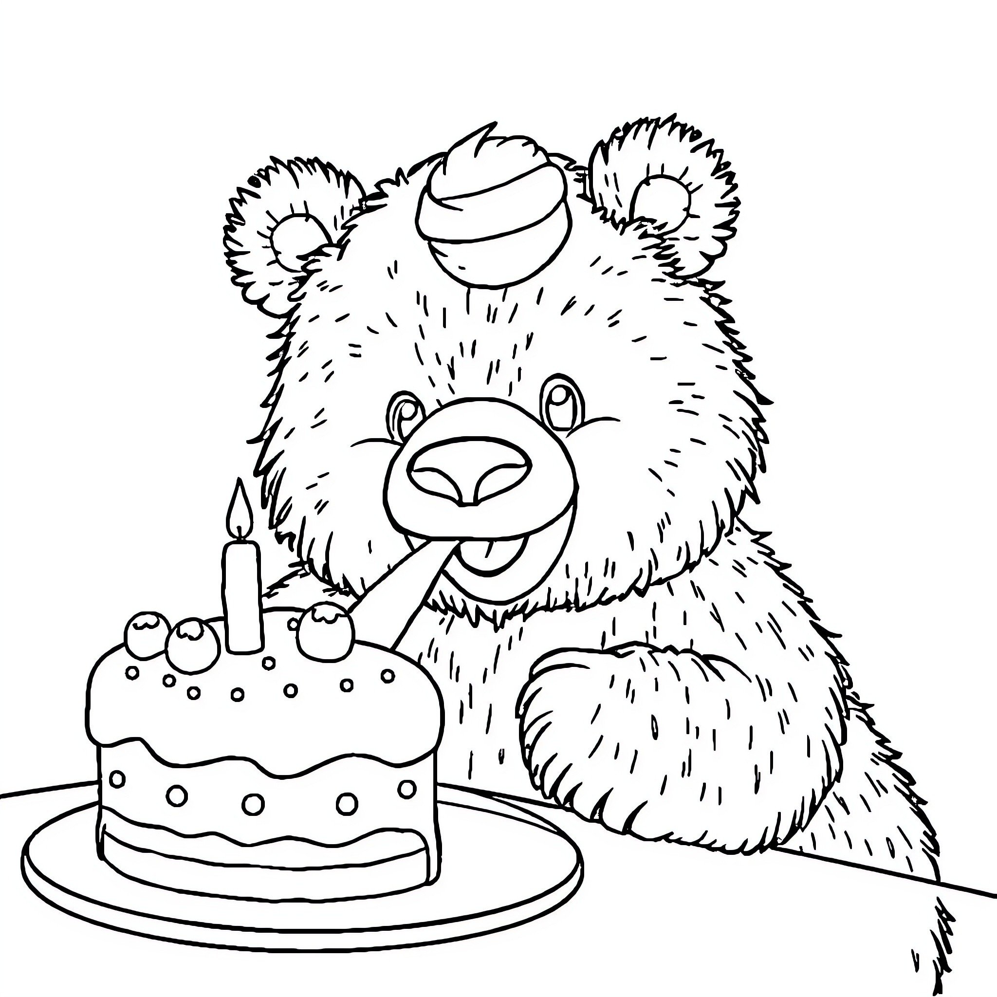 Bear celebrating with birthday cake Coloring Page (free black-and-white line drawing printable PDF for all, from beginners to advanced learners, including children, teens, adults, and seniors)