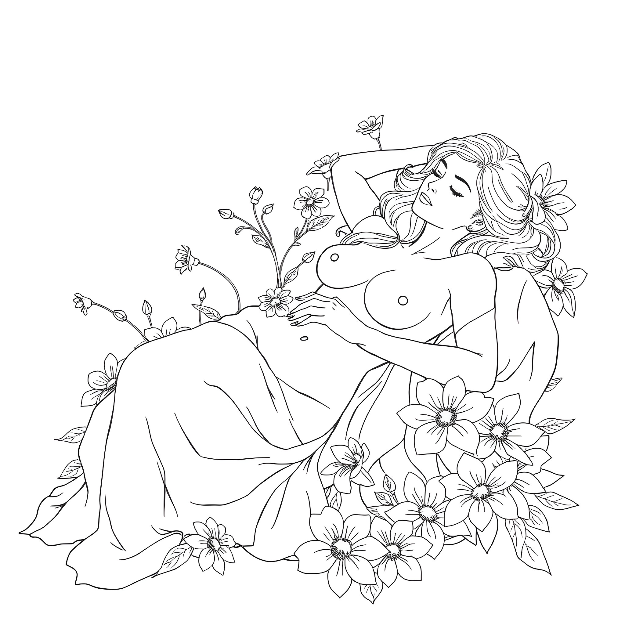 Lady resting peacefully amidst floral surroundings Coloring Page (free black-and-white line drawing printable PDF for all, from beginners to advanced learners, including children, teens, adults, and seniors)