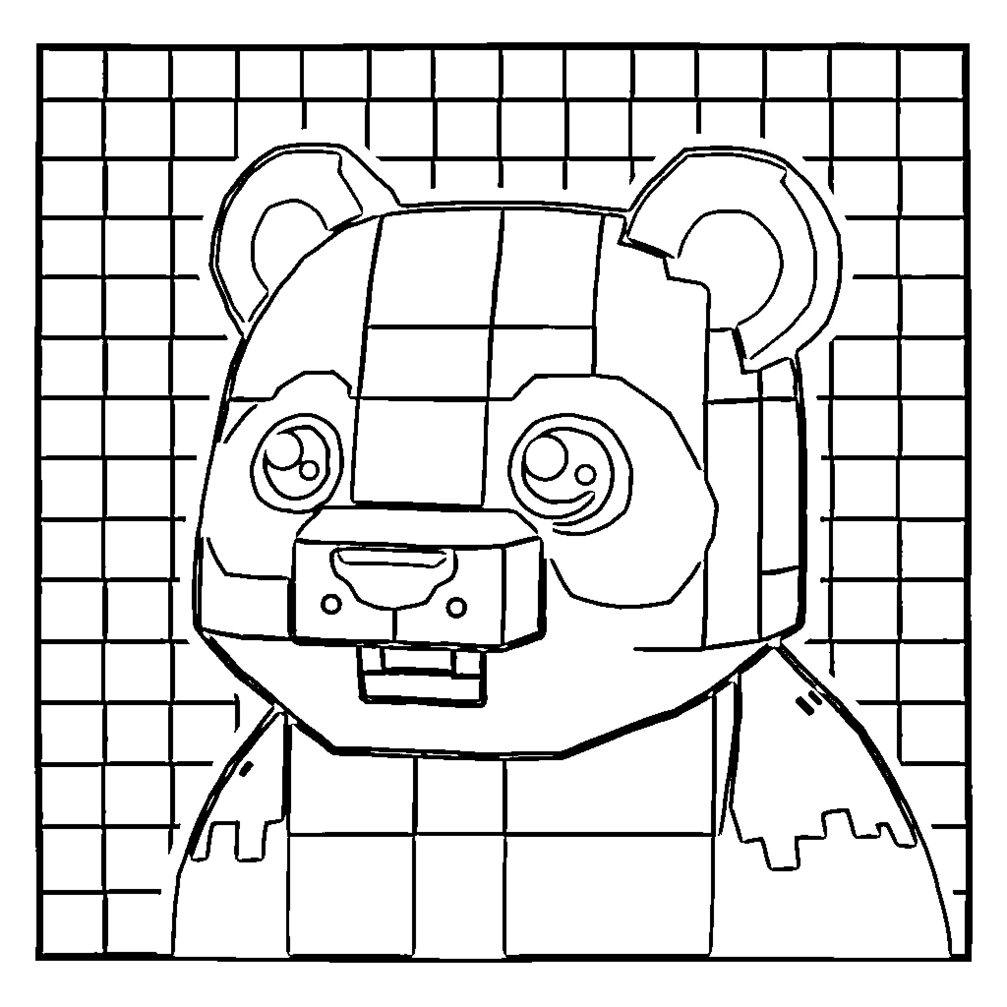 Panda-shaped robot in a checkered pattern Coloring Page (free black-and-white line drawing printable PDF for all, from beginners to advanced learners, including children, teens, adults, and seniors)