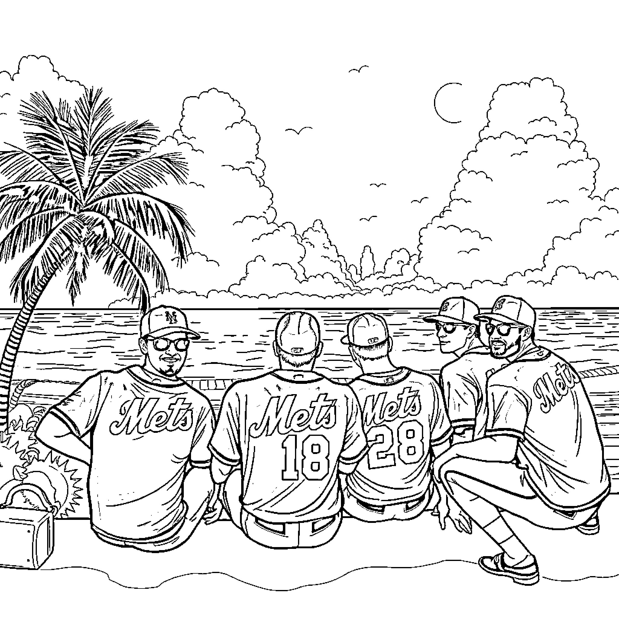 New York Mets Players Enjoying Beach Day Coloring Page (free black-and-white line drawing printable PDF for all, from beginners to advanced learners, including children, teens, adults, and seniors)