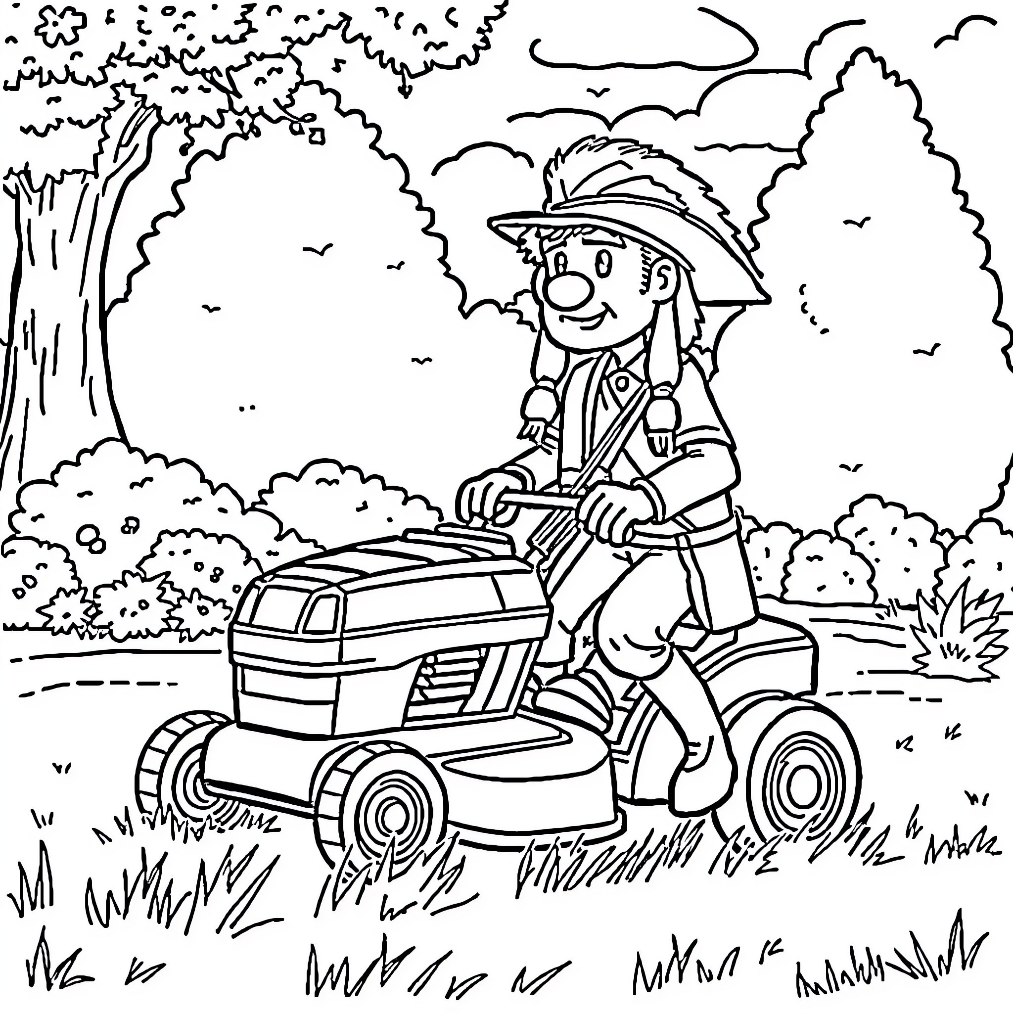 Davy Crockett riding a lawn mower in the wilderness Coloring Page (free black-and-white line drawing printable PDF for all, from beginners to advanced learners, including children, teens, adults, and seniors)