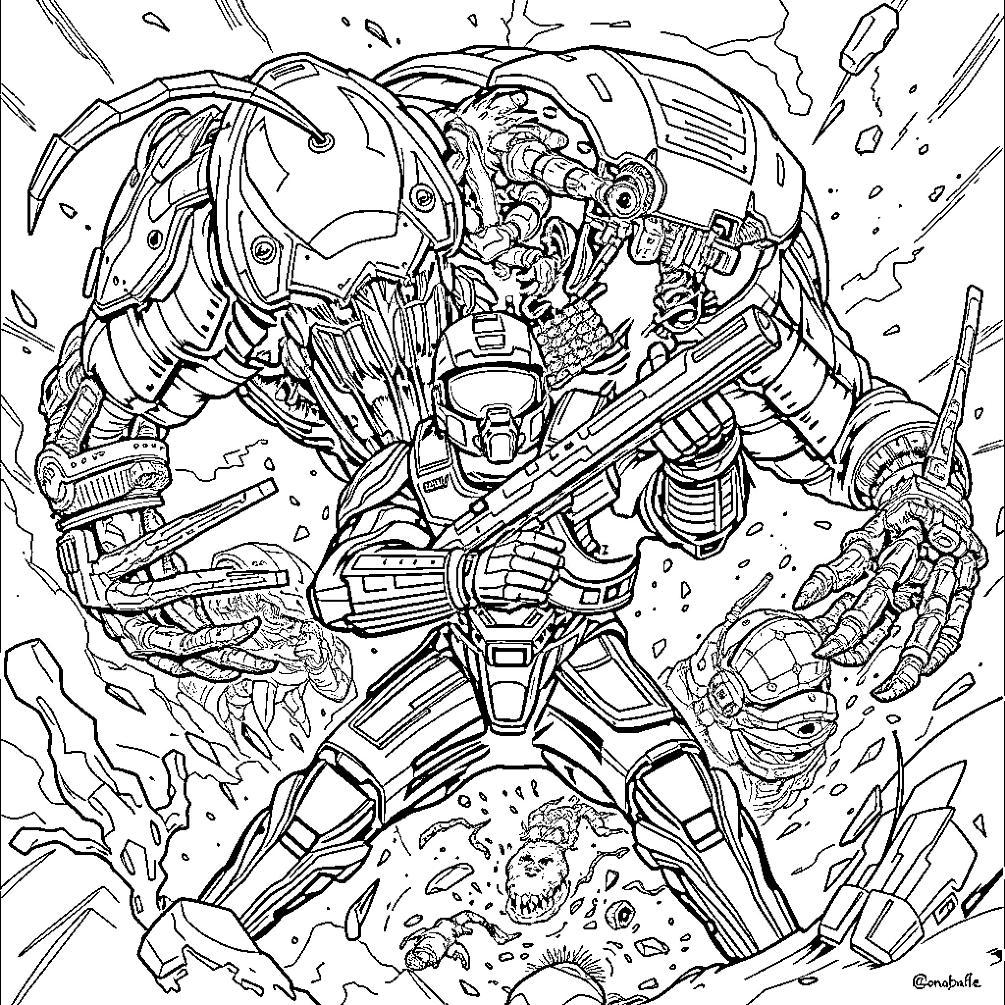 Master Chief in Intense Sci-Fi Combat Gear Coloring Page (free black-and-white line drawing printable PDF for all, from beginners to advanced learners, including children, teens, adults, and seniors)