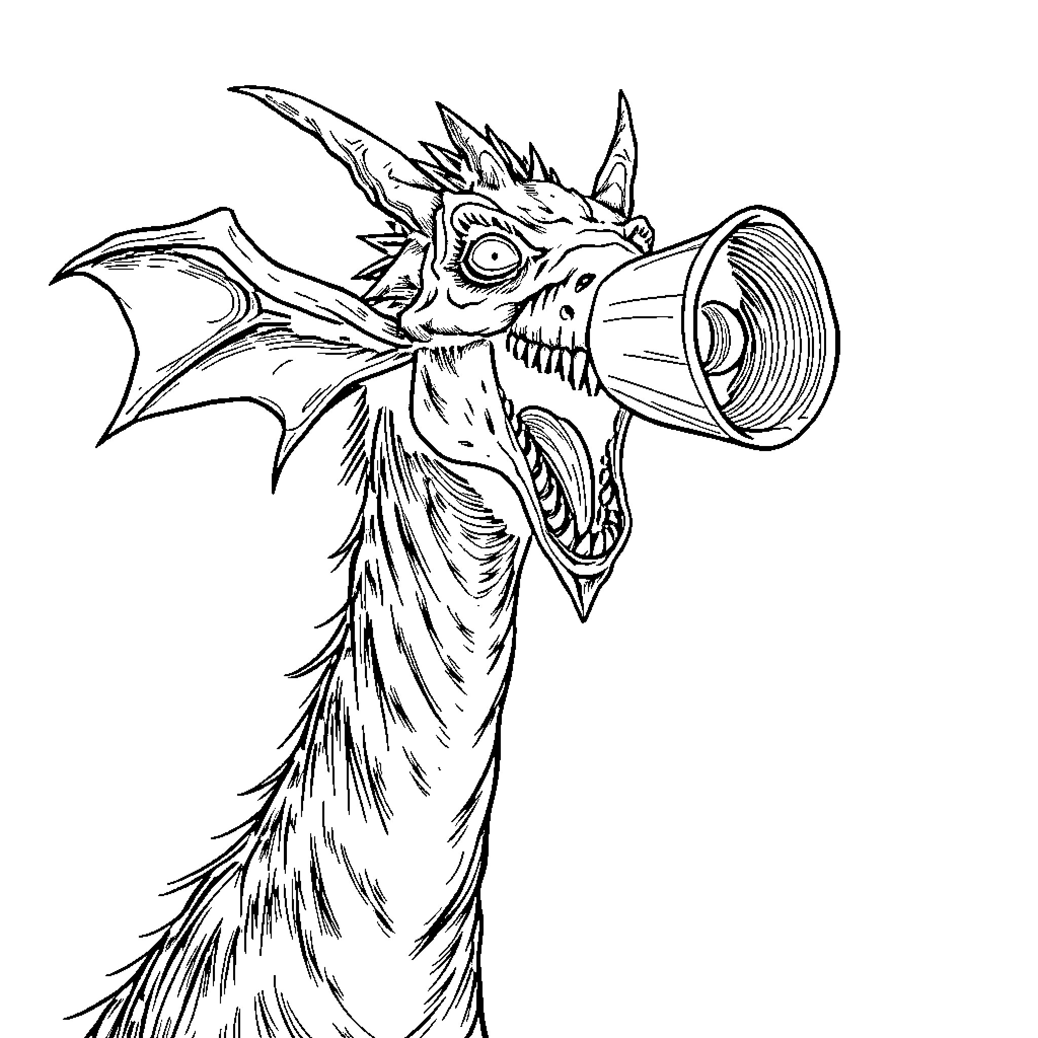 Siren Head monster roaring through a megaphone Coloring Page (free black-and-white line drawing printable PDF for all, from beginners to advanced learners, including children, teens, adults, and seniors)