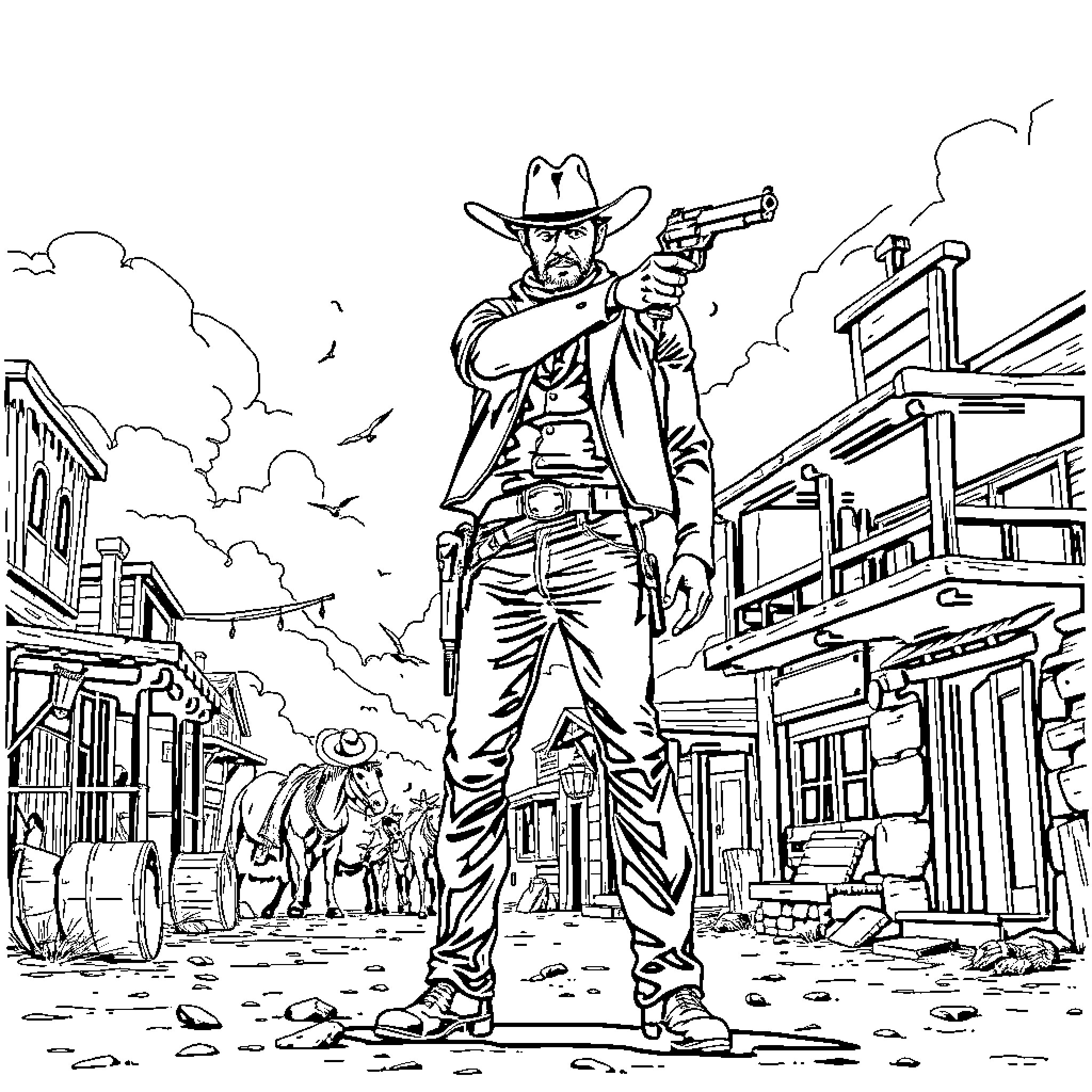Cowboy with revolver standing in a Wild West town Coloring Page (free black-and-white line drawing printable PDF for all, from beginners to advanced learners, including children, teens, adults, and seniors)