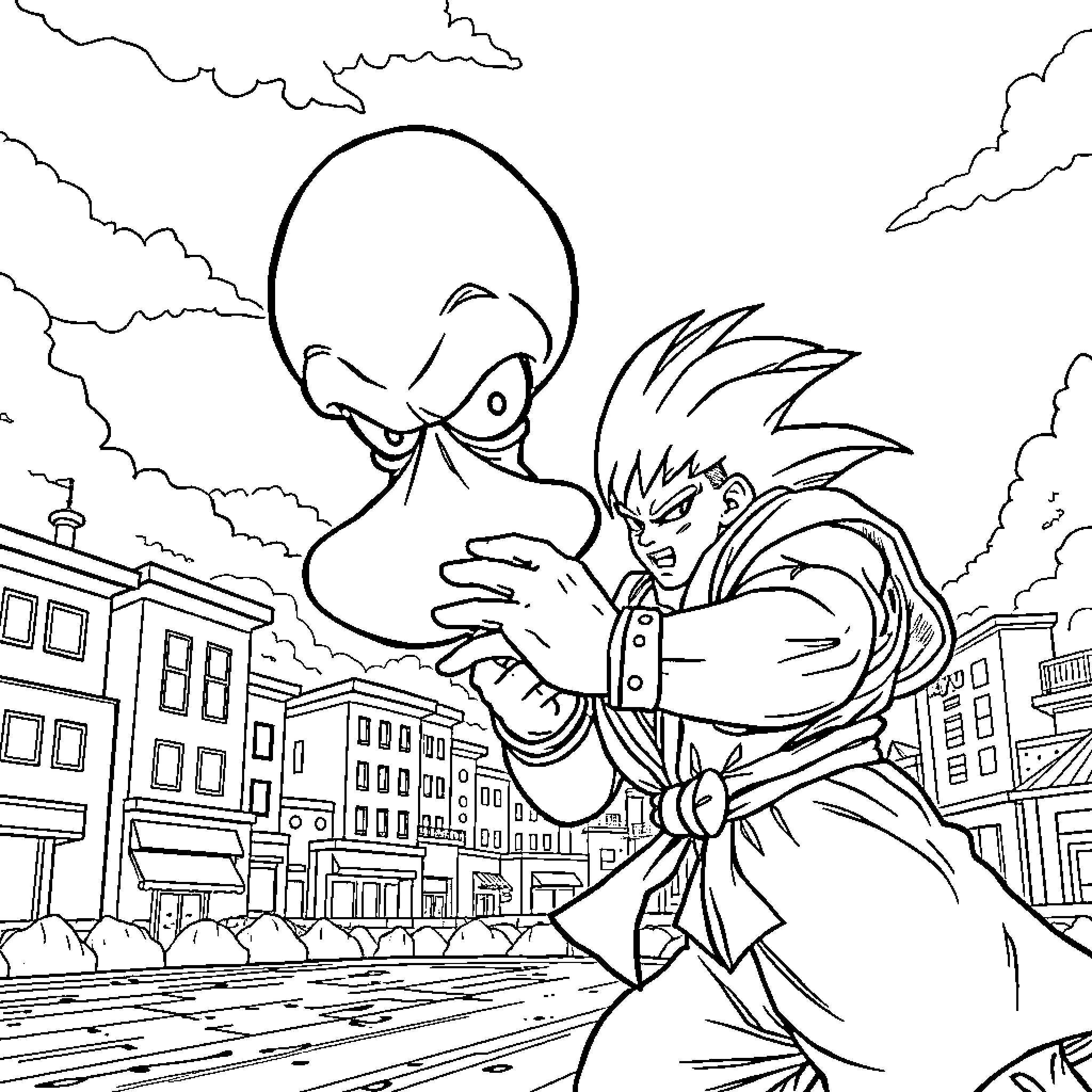 Squidward confronting an angry Goku in the city Coloring Page (free black-and-white line drawing printable PDF for all, from beginners to advanced learners, including children, teens, adults, and seniors)