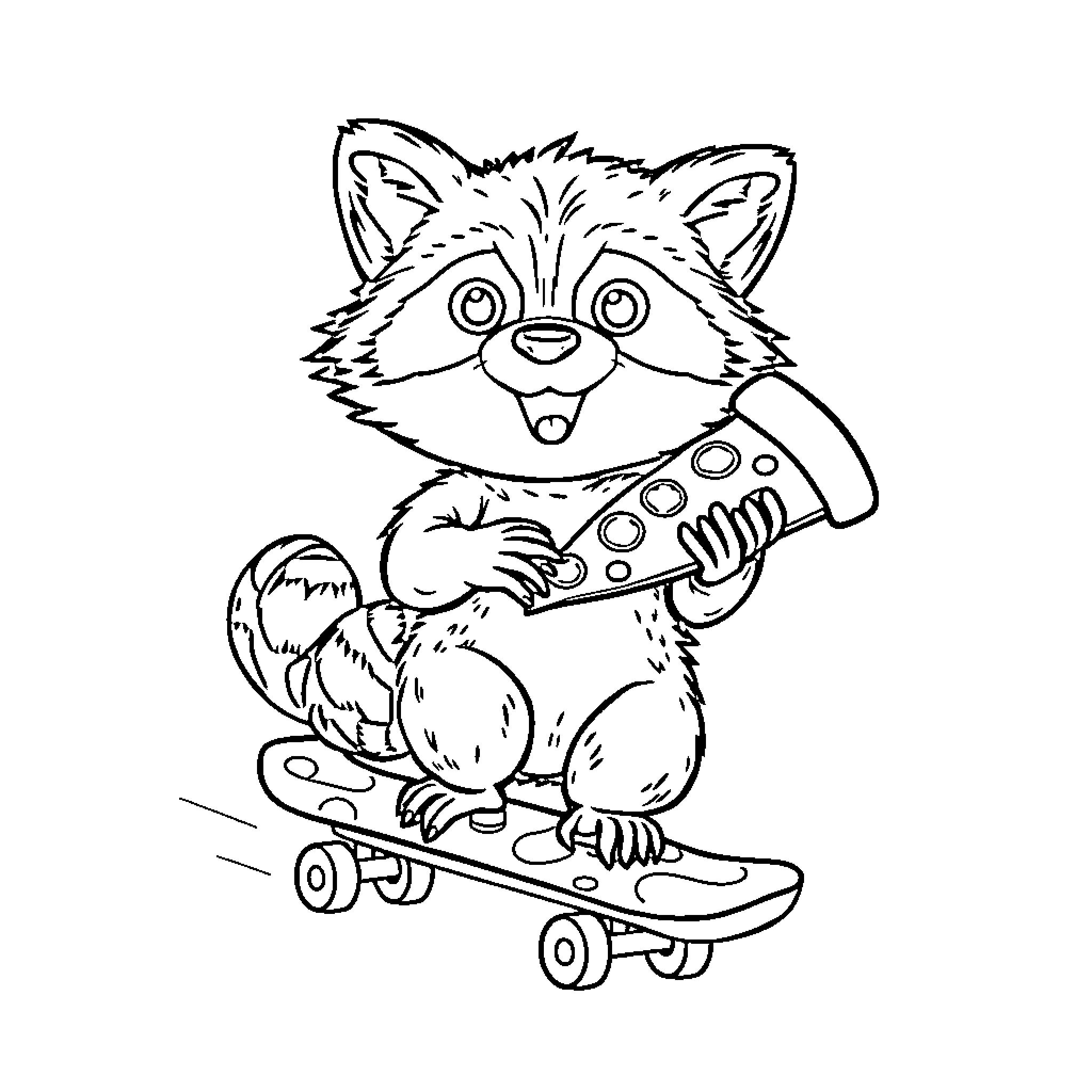 Raccoon skateboarding with video game controller Coloring Page (free black-and-white line drawing printable PDF for all, from beginners to advanced learners, including children, teens, adults, and seniors)