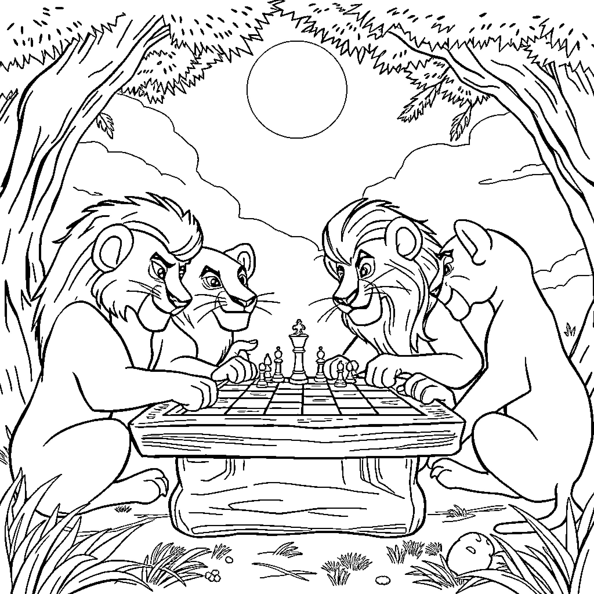 Lion Guard Playing Chess in the Forest Coloring Page (free black-and-white line drawing printable PDF for all, from beginners to advanced learners, including children, teens, adults, and seniors)