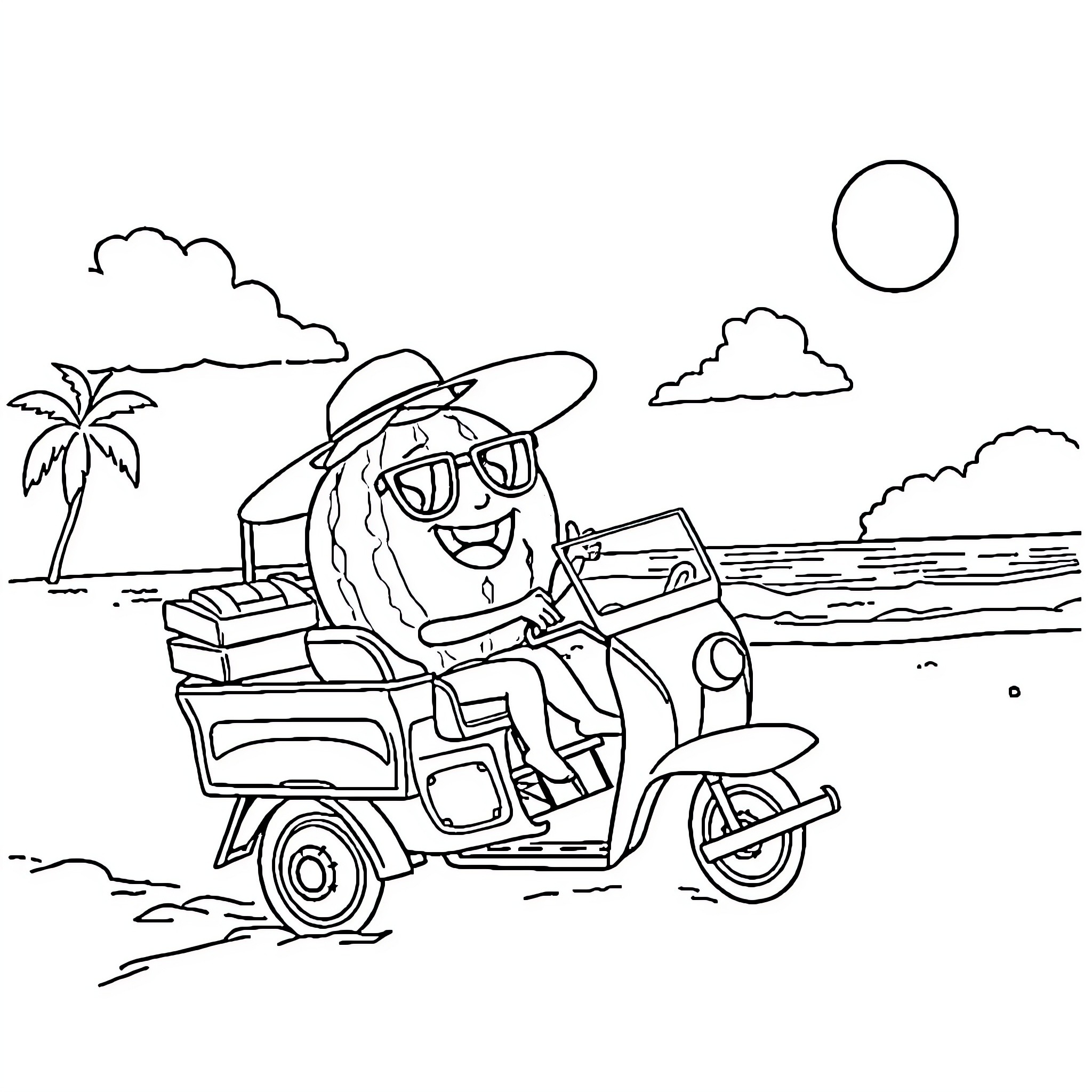 Cocomelon character riding a scooter on the beach Coloring Page (free black-and-white line drawing printable PDF for all, from beginners to advanced learners, including children, teens, adults, and seniors)