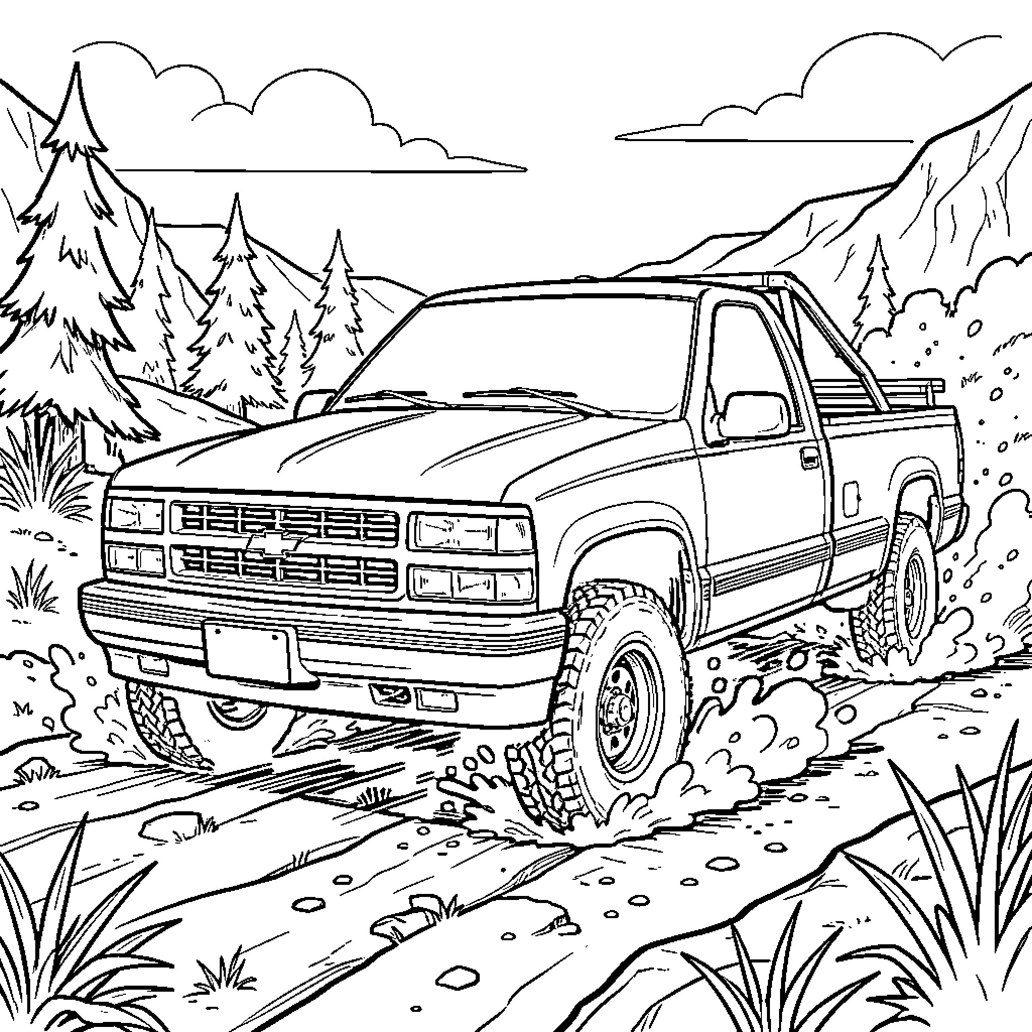 Chevy Silverado driving through a rugged mountain trail Coloring Page (free black-and-white line drawing printable PDF for all, from beginners to advanced learners, including children, teens, adults, and seniors)