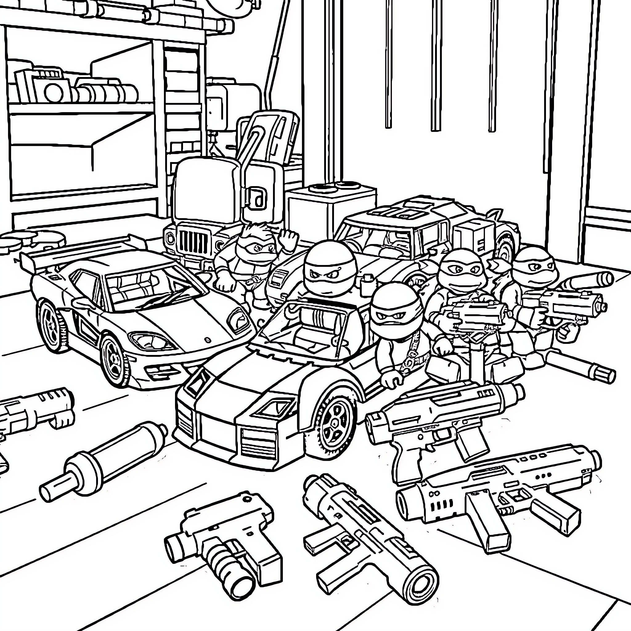 Lego action heroes in a chaotic garage scene Coloring Page (free black-and-white line drawing printable PDF for all, from beginners to advanced learners, including children, teens, adults, and seniors)