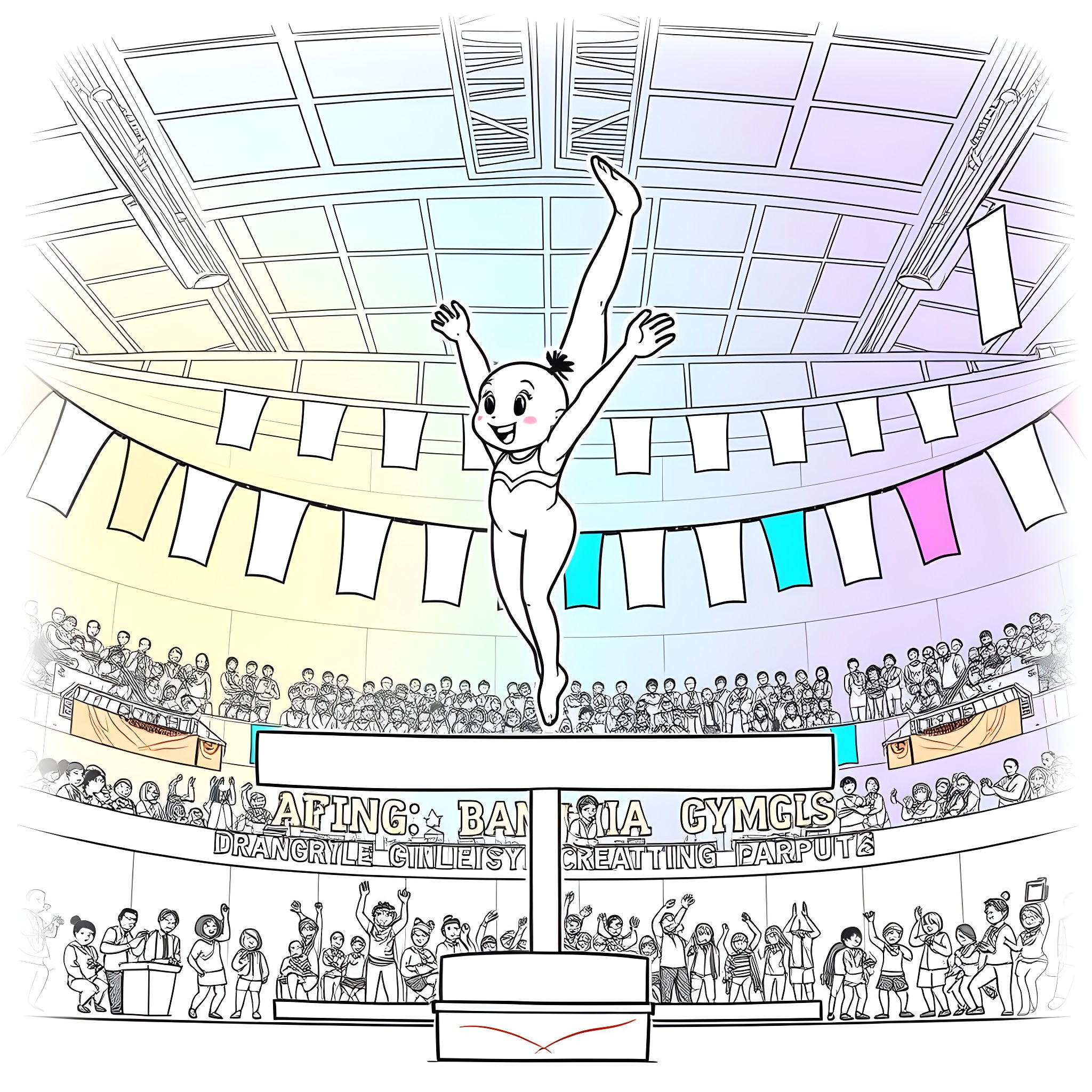 Labubu's Gymnastic Performance in the Arena Coloring Page (free black-and-white line drawing printable PDF for all, from beginners to advanced learners, including children, teens, adults, and seniors)