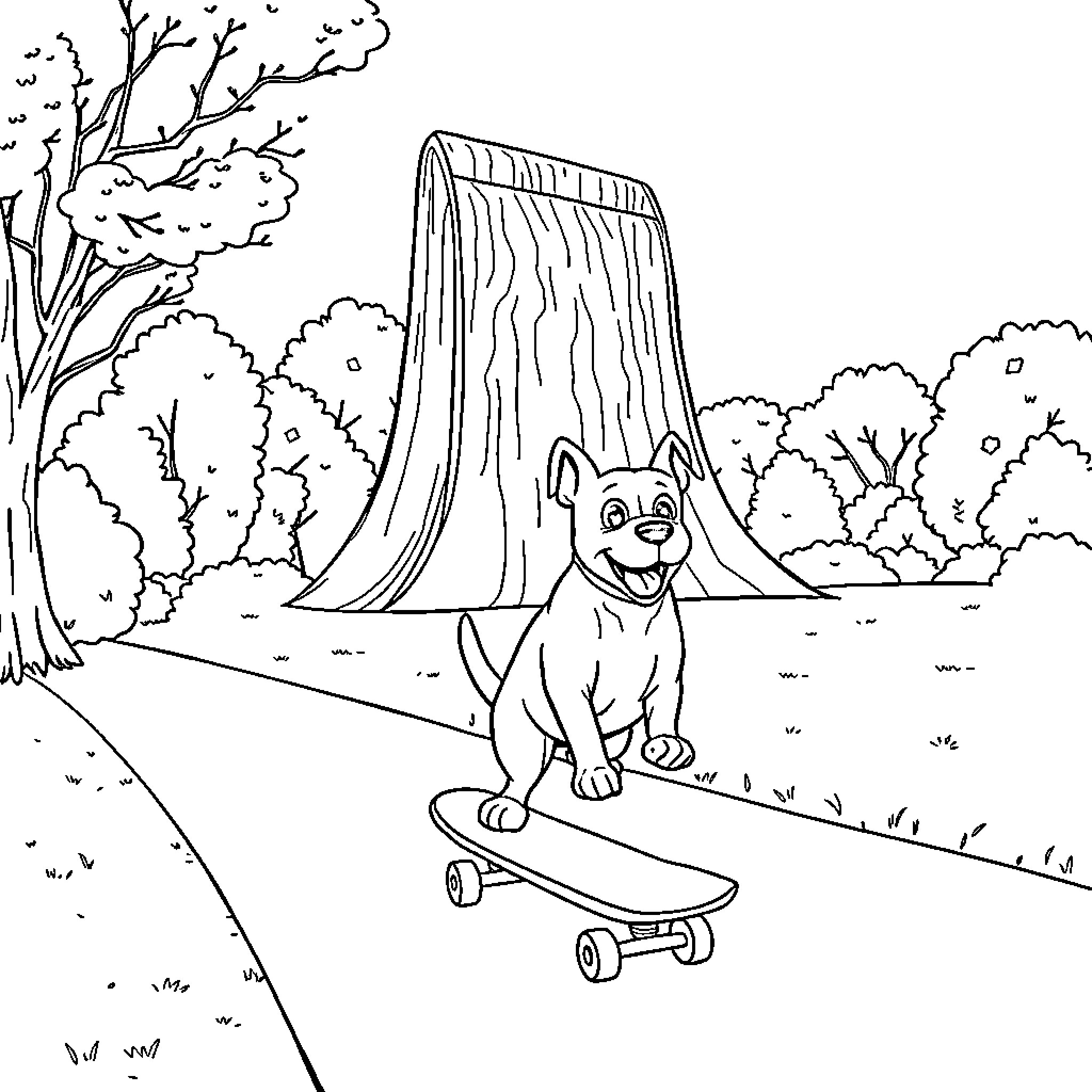 Dog riding skateboard near waterfall in park Coloring Page (free black-and-white line drawing printable PDF for all, from beginners to advanced learners, including children, teens, adults, and seniors)