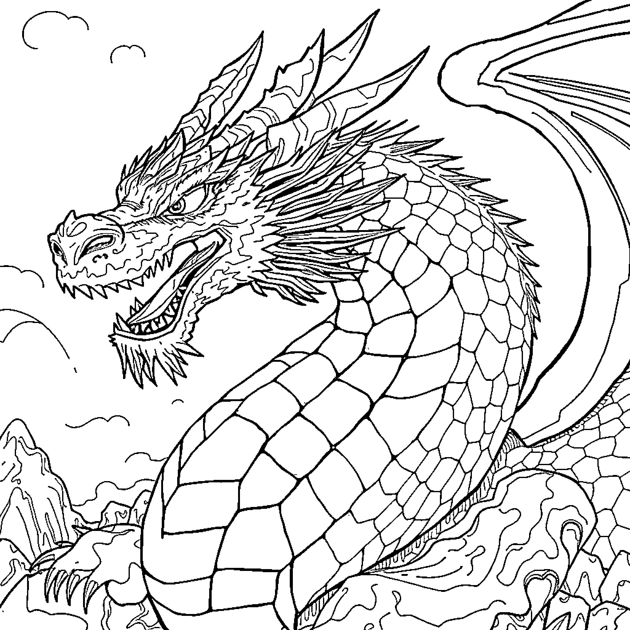Icon of a Majestic Dragon Soaring in the Clouds Coloring Page (free black-and-white line drawing printable PDF for all, from beginners to advanced learners, including children, teens, adults, and seniors)