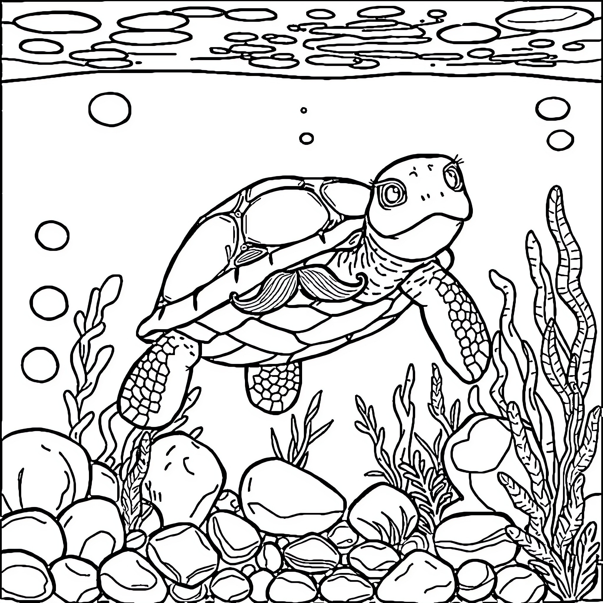 Turtle Swimming Peacefully in Underwater Seascape Coloring Page (free black-and-white line drawing printable PDF for all, from beginners to advanced learners, including children, teens, adults, and seniors)