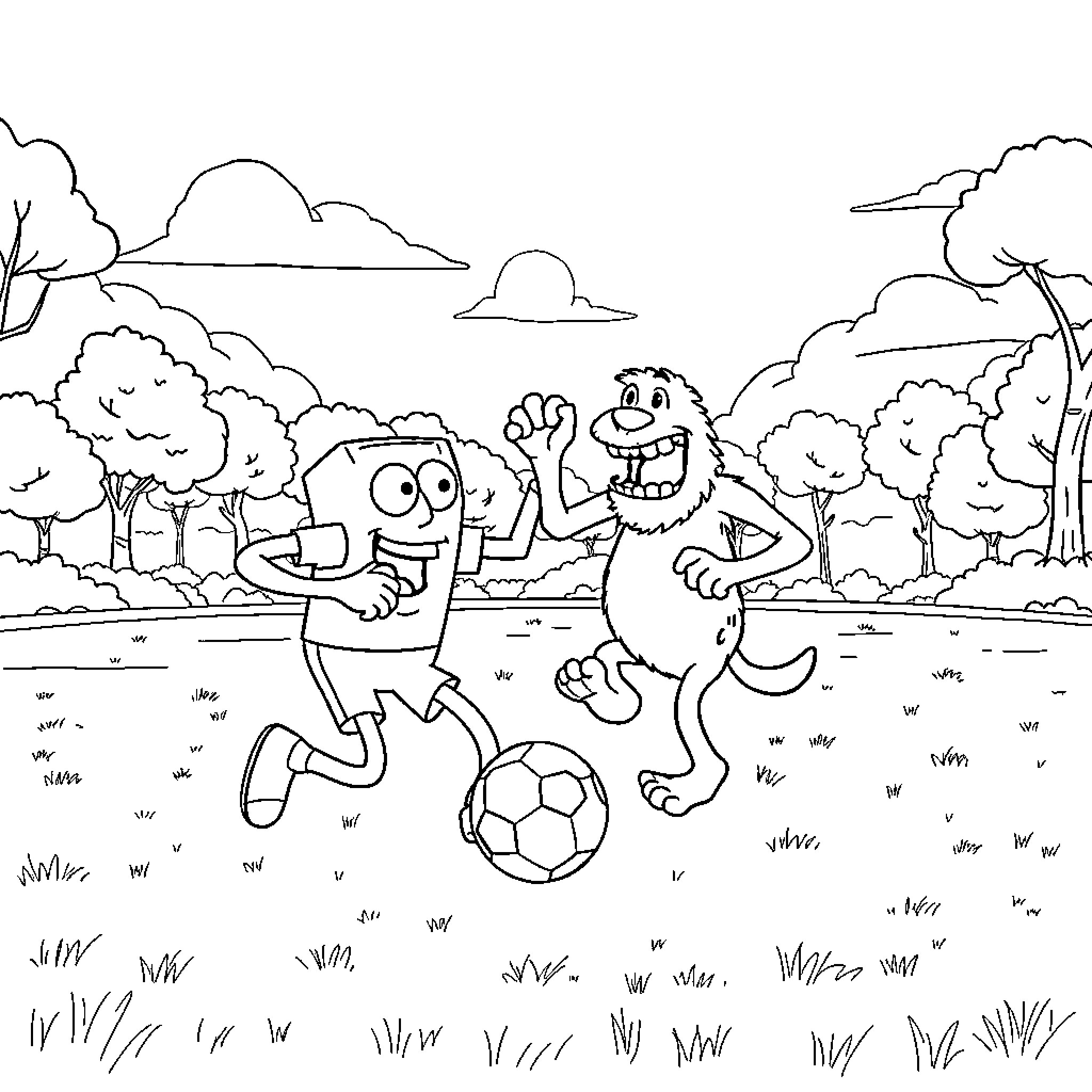 Mike and Monster Playing Soccer in the Park Coloring Page (free black-and-white line drawing printable PDF for all, from beginners to advanced learners, including children, teens, adults, and seniors)