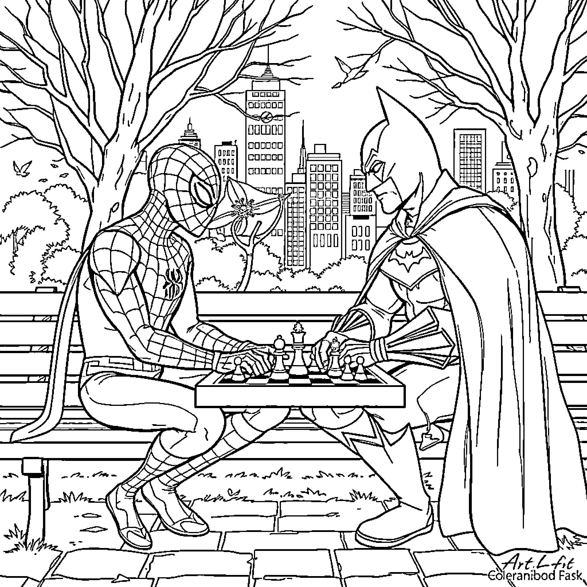 Spiderman and Batman playing chess in the city Coloring Page (free black-and-white line drawing printable PDF for all, from beginners to advanced learners, including children, teens, adults, and seniors)