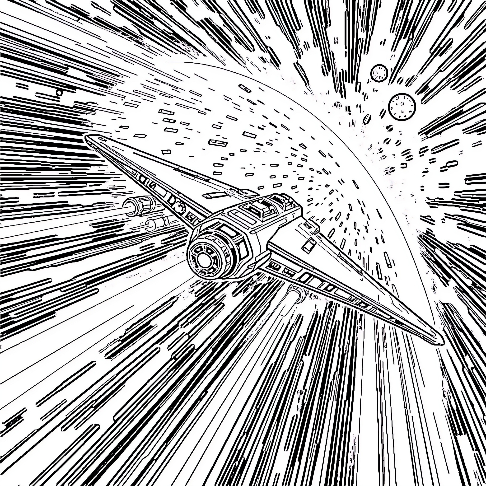 Star Wars Ship Speeding Through Hyperspace Coloring Page (free black-and-white line drawing printable PDF for all, from beginners to advanced learners, including children, teens, adults, and seniors)