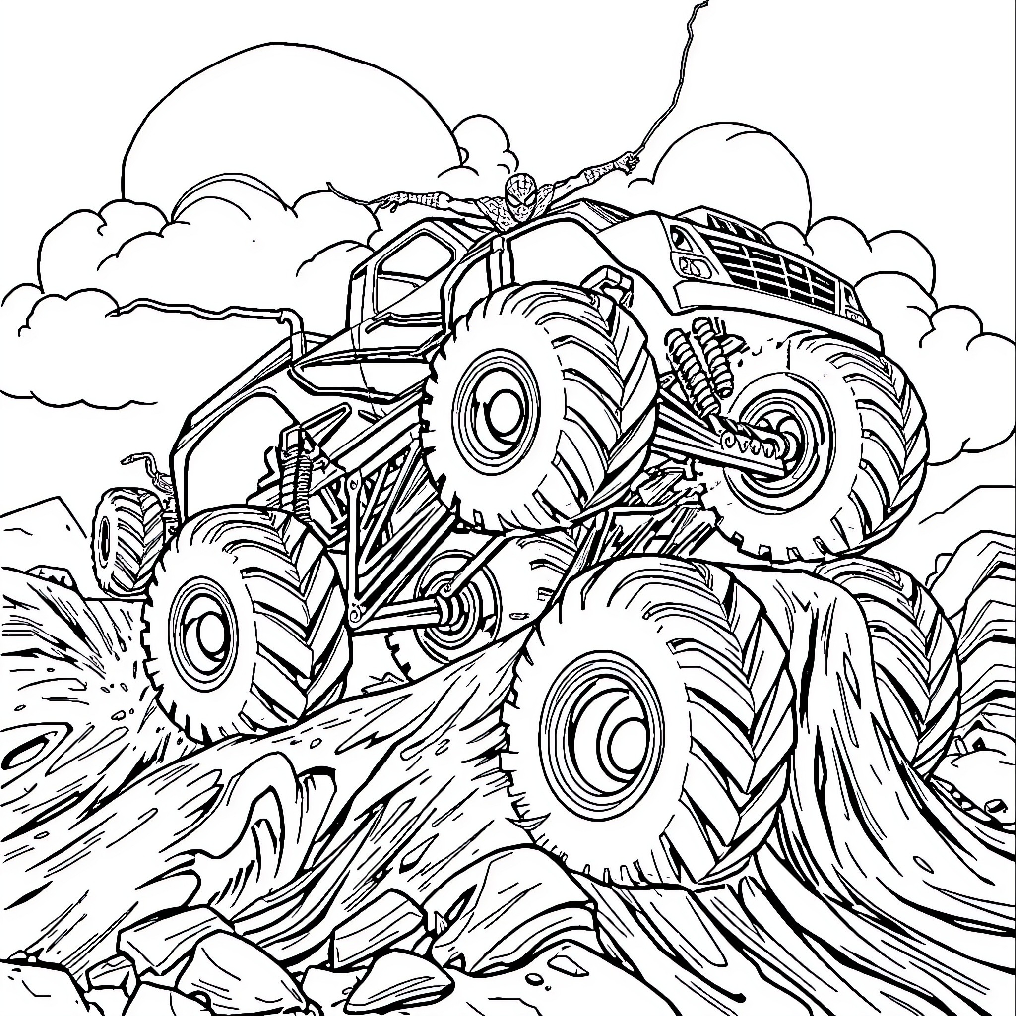 Monster Truck Crushing Obstacles in the Wilderness Coloring Page (free black-and-white line drawing printable PDF for all, from beginners to advanced learners, including children, teens, adults, and seniors)