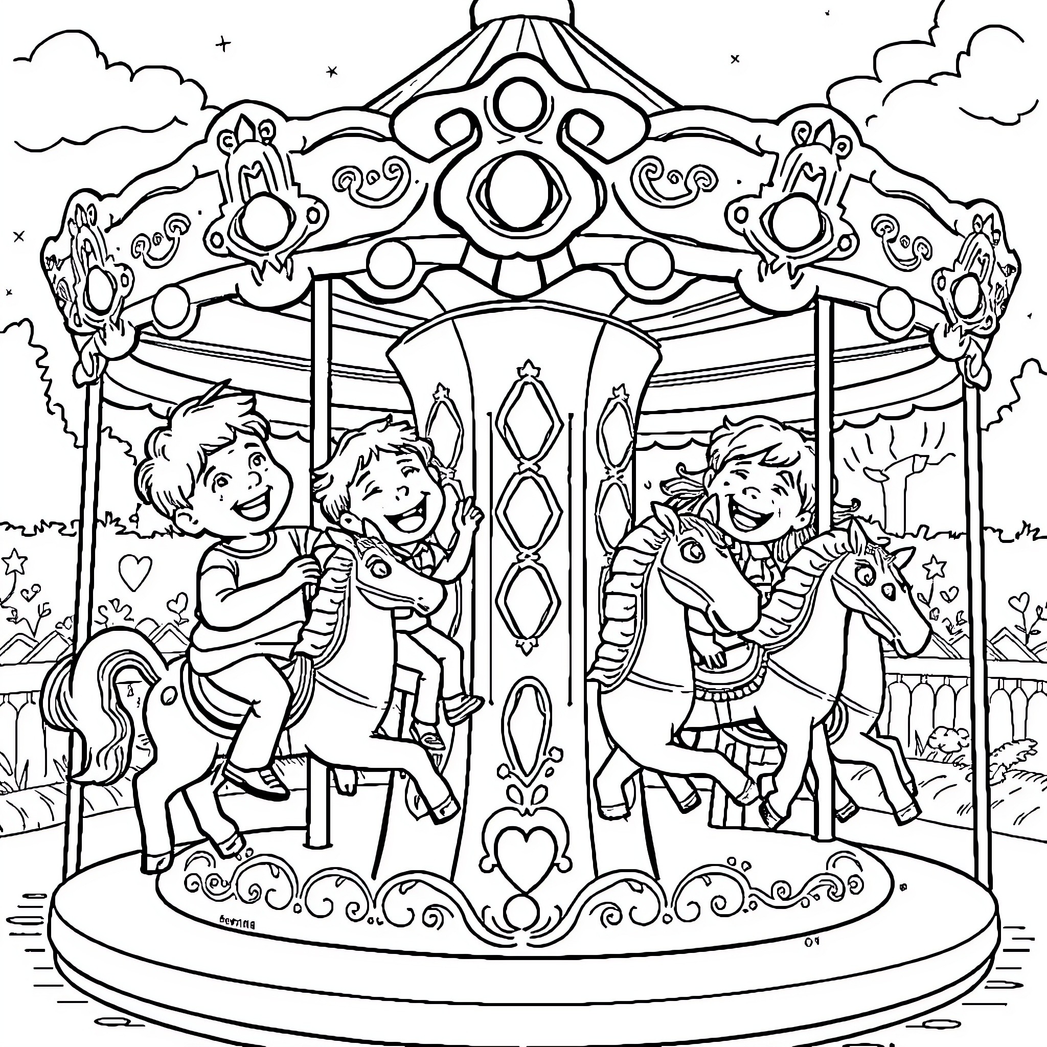 Children enjoying a carousel ride at the carnival Coloring Page (free black-and-white line drawing printable PDF for all, from beginners to advanced learners, including children, teens, adults, and seniors)