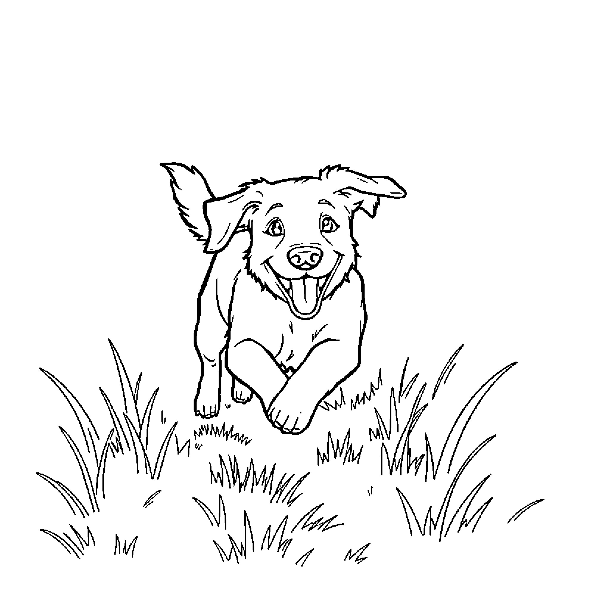 Dog playing happily in the grass Coloring Page (free black-and-white line drawing printable PDF for all, from beginners to advanced learners, including children, teens, adults, and seniors)