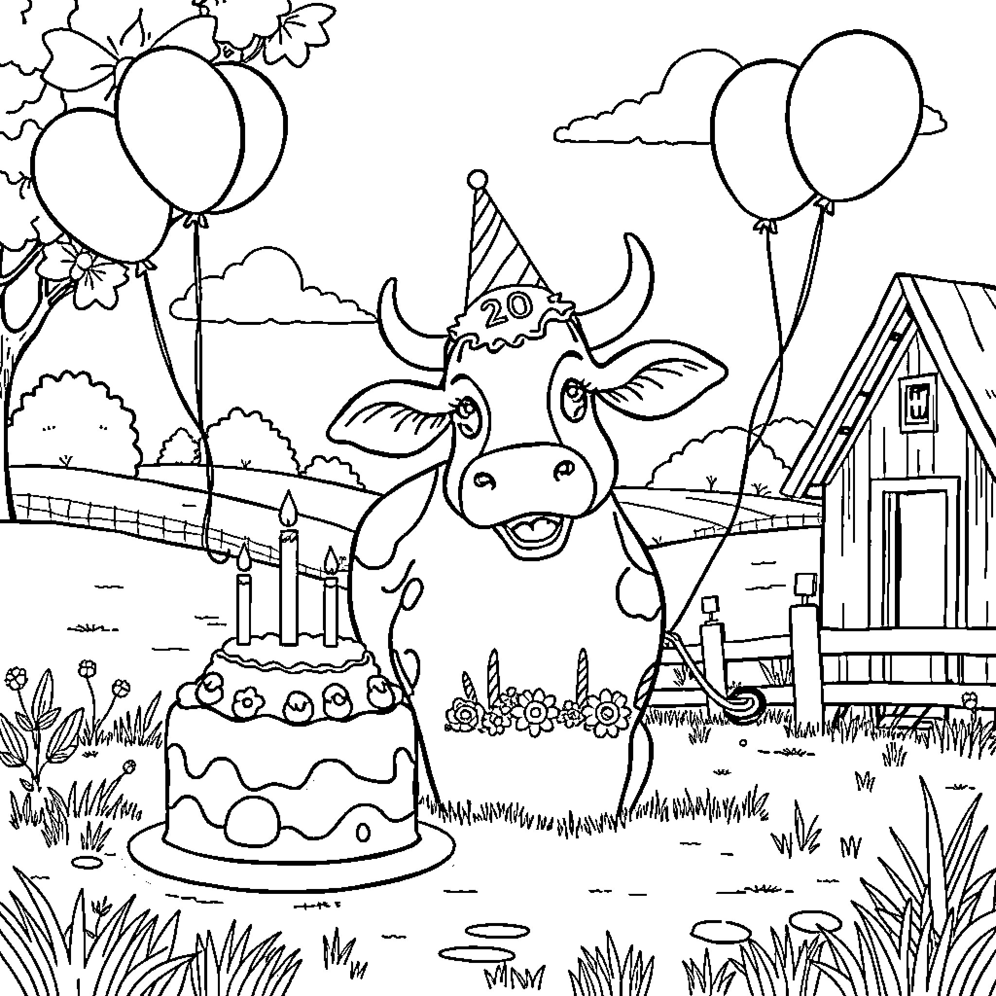 Cow celebrating birthday with cake and balloons Coloring Page (free black-and-white line drawing printable PDF for all, from beginners to advanced learners, including children, teens, adults, and seniors)