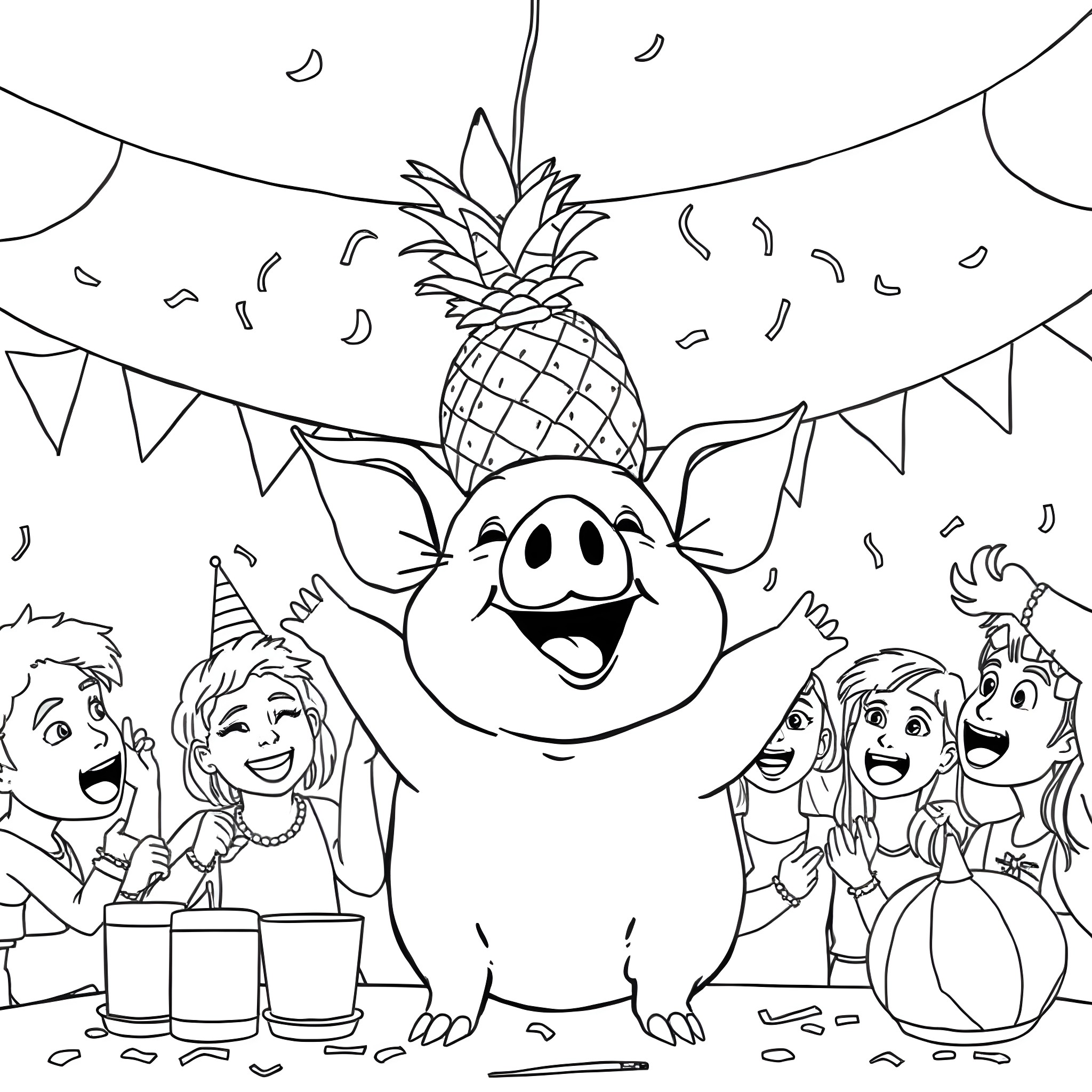 Pig celebrating a party with friends Coloring Page (free black-and-white line drawing printable PDF for all, from beginners to advanced learners, including children, teens, adults, and seniors)