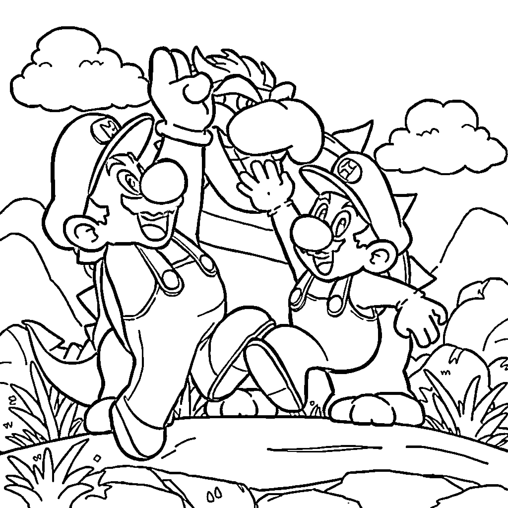 Mario and Friends Exploring Outdoor Adventure Coloring Page (free black-and-white line drawing printable PDF for all, from beginners to advanced learners, including children, teens, adults, and seniors)