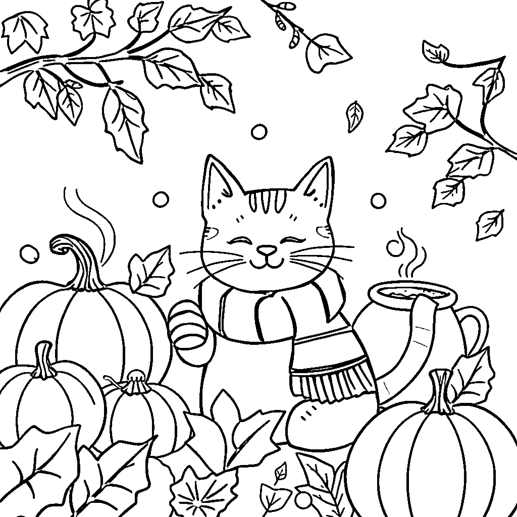 Pumpkins and Playful Kitty in Autumn Coloring Page (free black-and-white line drawing printable PDF for all, from beginners to advanced learners, including children, teens, adults, and seniors)