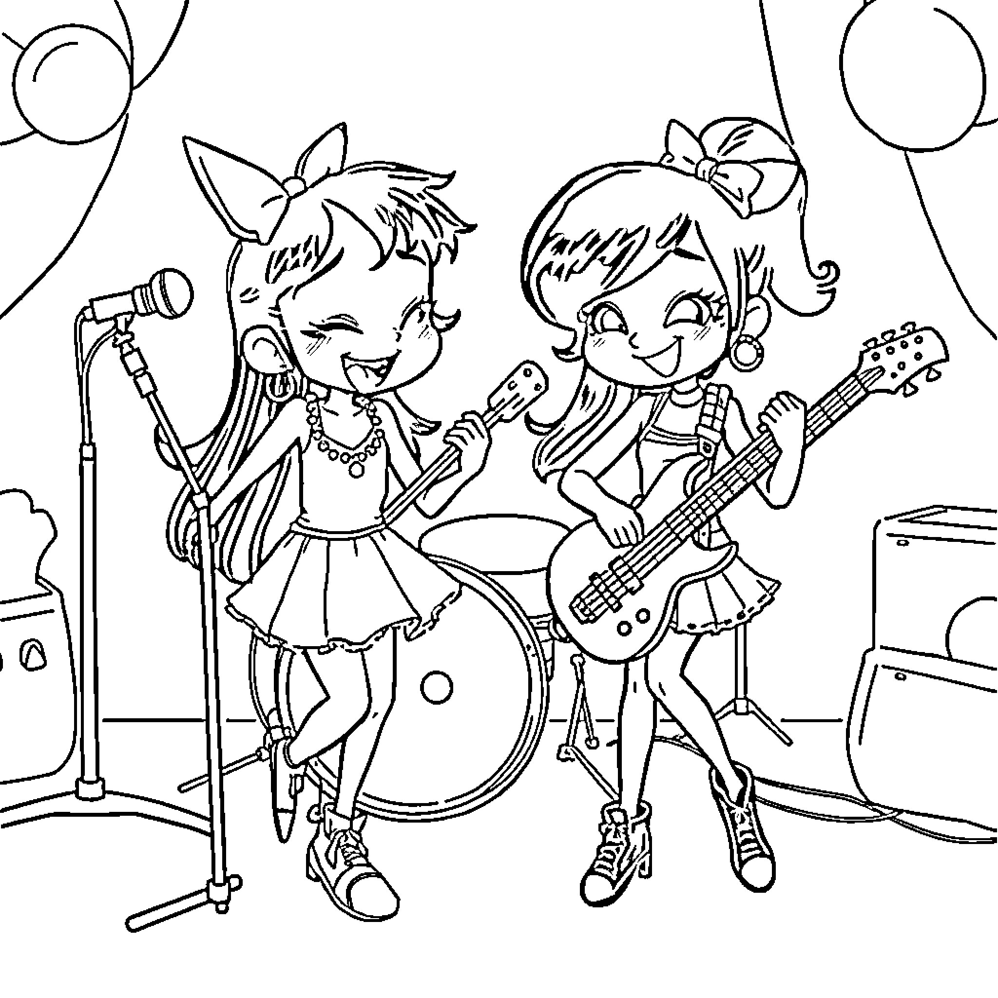 Rinoa and friend performing on stage Coloring Page (free black-and-white line drawing printable PDF for all, from beginners to advanced learners, including children, teens, adults, and seniors)