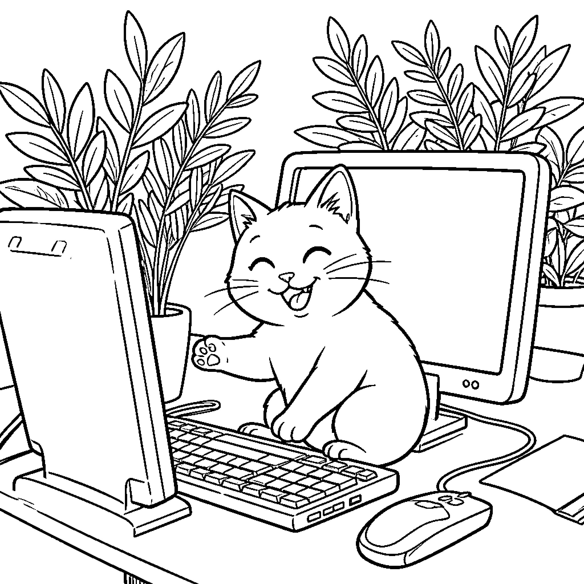 Gato smiling happily while working at a computer desk Coloring Page (free black-and-white line drawing printable PDF for all, from beginners to advanced learners, including children, teens, adults, and seniors)
