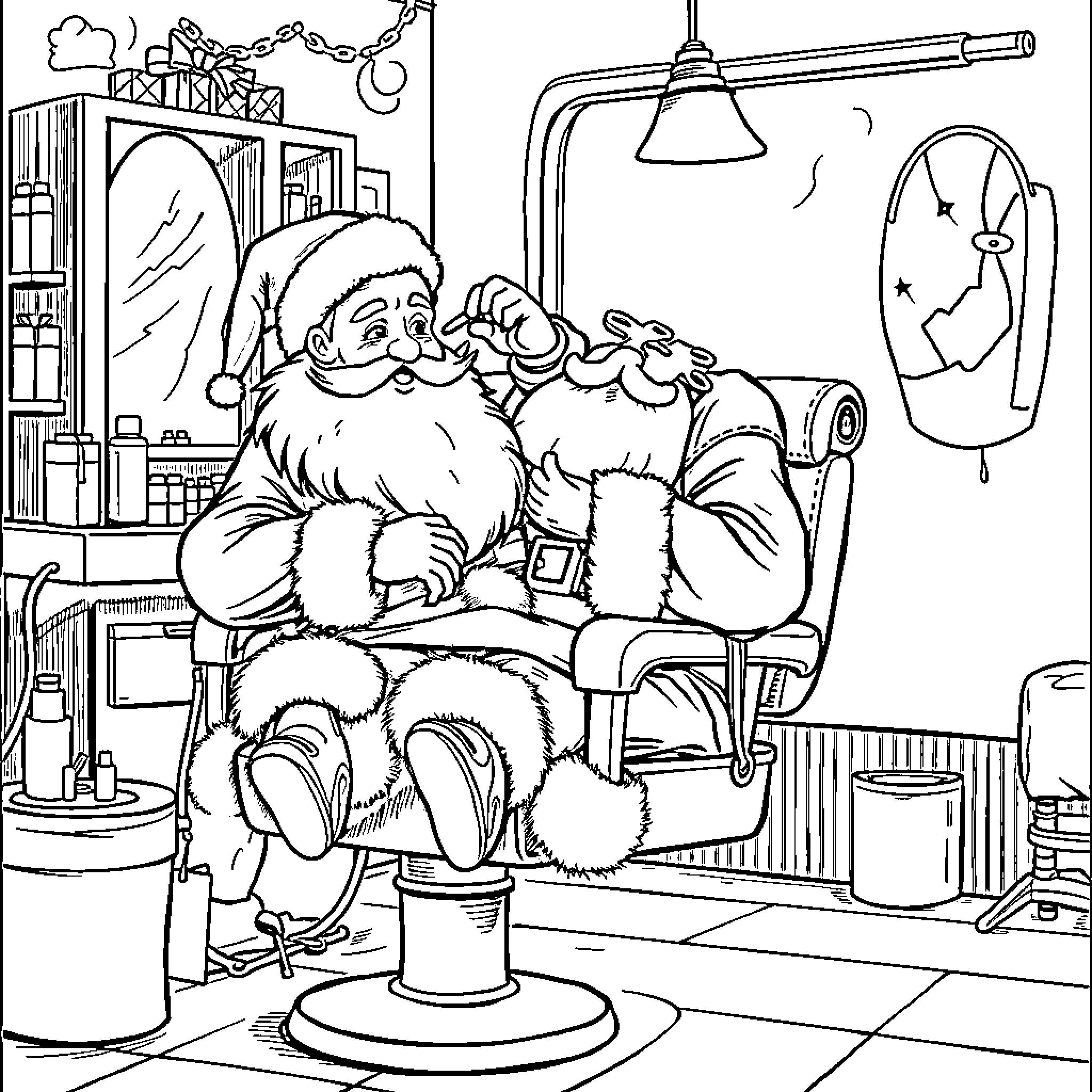 Santa relaxing in his workshop after a busy day Coloring Page (free black-and-white line drawing printable PDF for all, from beginners to advanced learners, including children, teens, adults, and seniors)