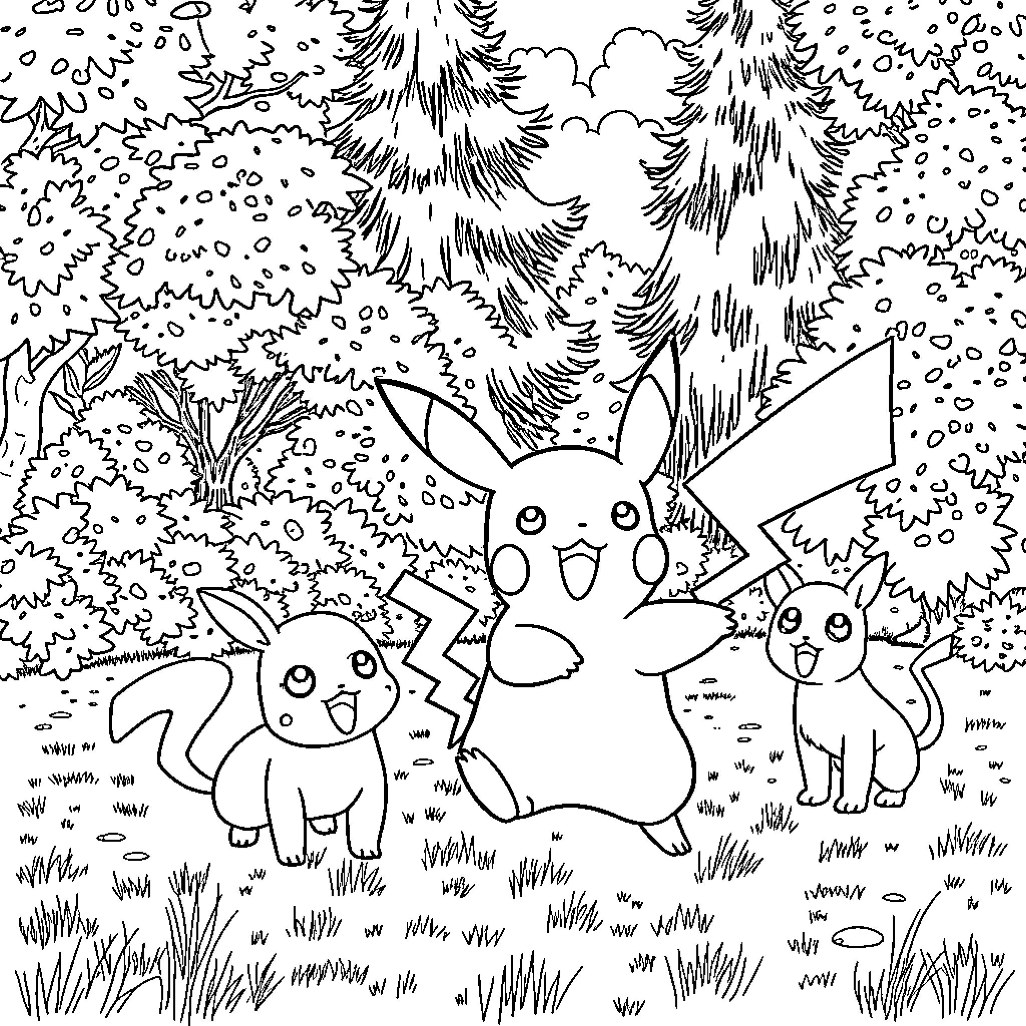 Pikachu and Pokemon Friends in Winter Wonderland Coloring Page (free black-and-white line drawing printable PDF for all, from beginners to advanced learners, including children, teens, adults, and seniors)