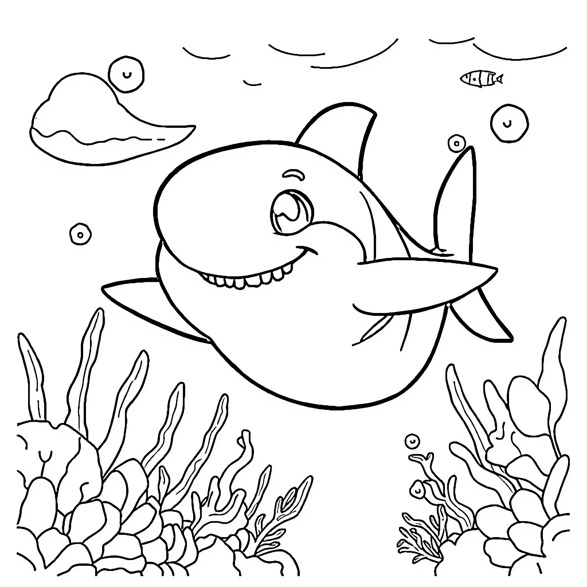 Shark swimming playfully in the underwater coral reef Coloring Page (free black-and-white line drawing printable PDF for all, from beginners to advanced learners, including children, teens, adults, and seniors)