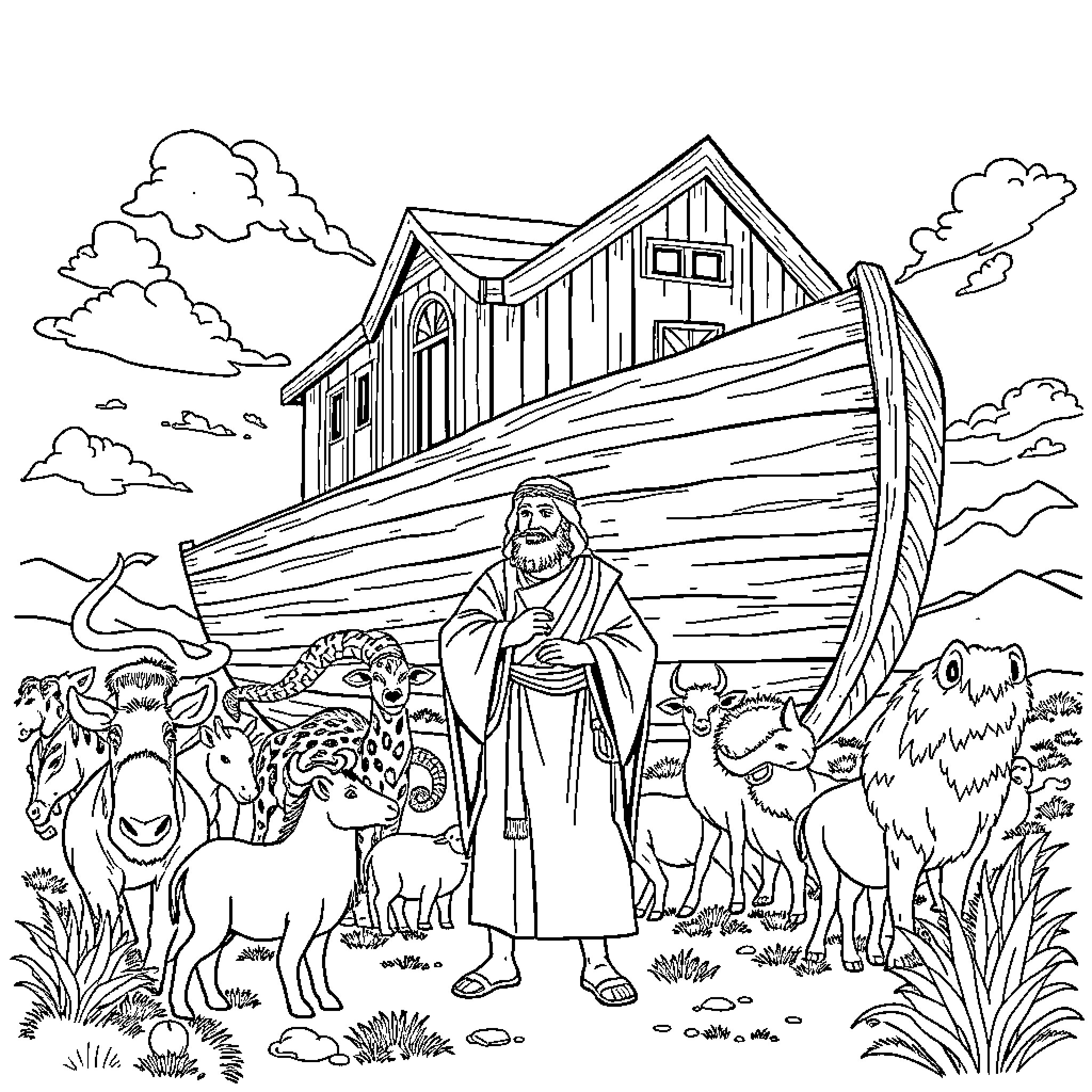 Noah and the Ark with Animals Coloring Page (free black-and-white line drawing printable PDF for all, from beginners to advanced learners, including children, teens, adults, and seniors)