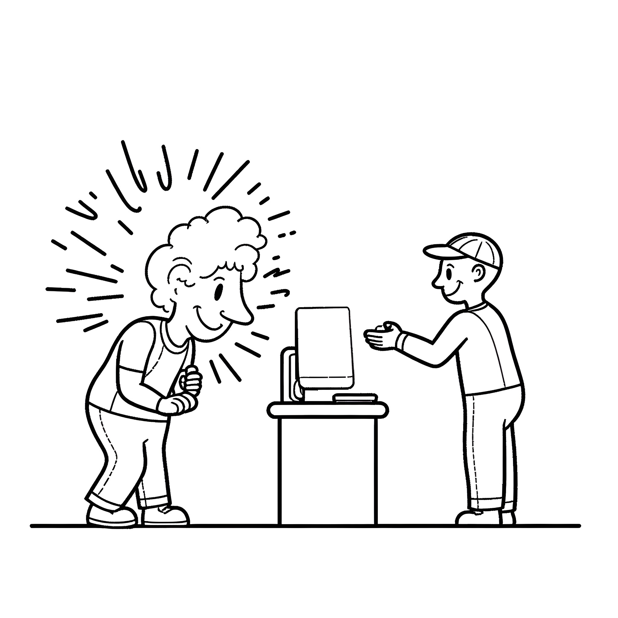 Computer users discussing technology Coloring Page (free black-and-white line drawing printable PDF for all, from beginners to advanced learners, including children, teens, adults, and seniors)