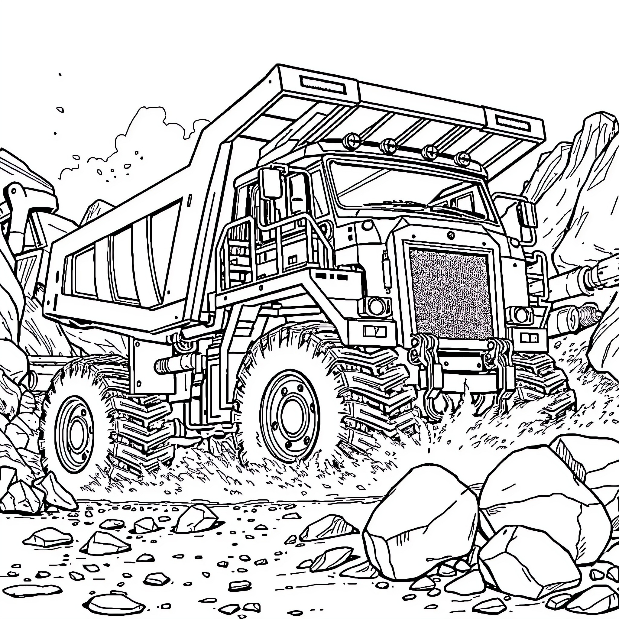 Robot Truck Navigating Rugged Terrain Coloring Page (free black-and-white line drawing printable PDF for all, from beginners to advanced learners, including children, teens, adults, and seniors)