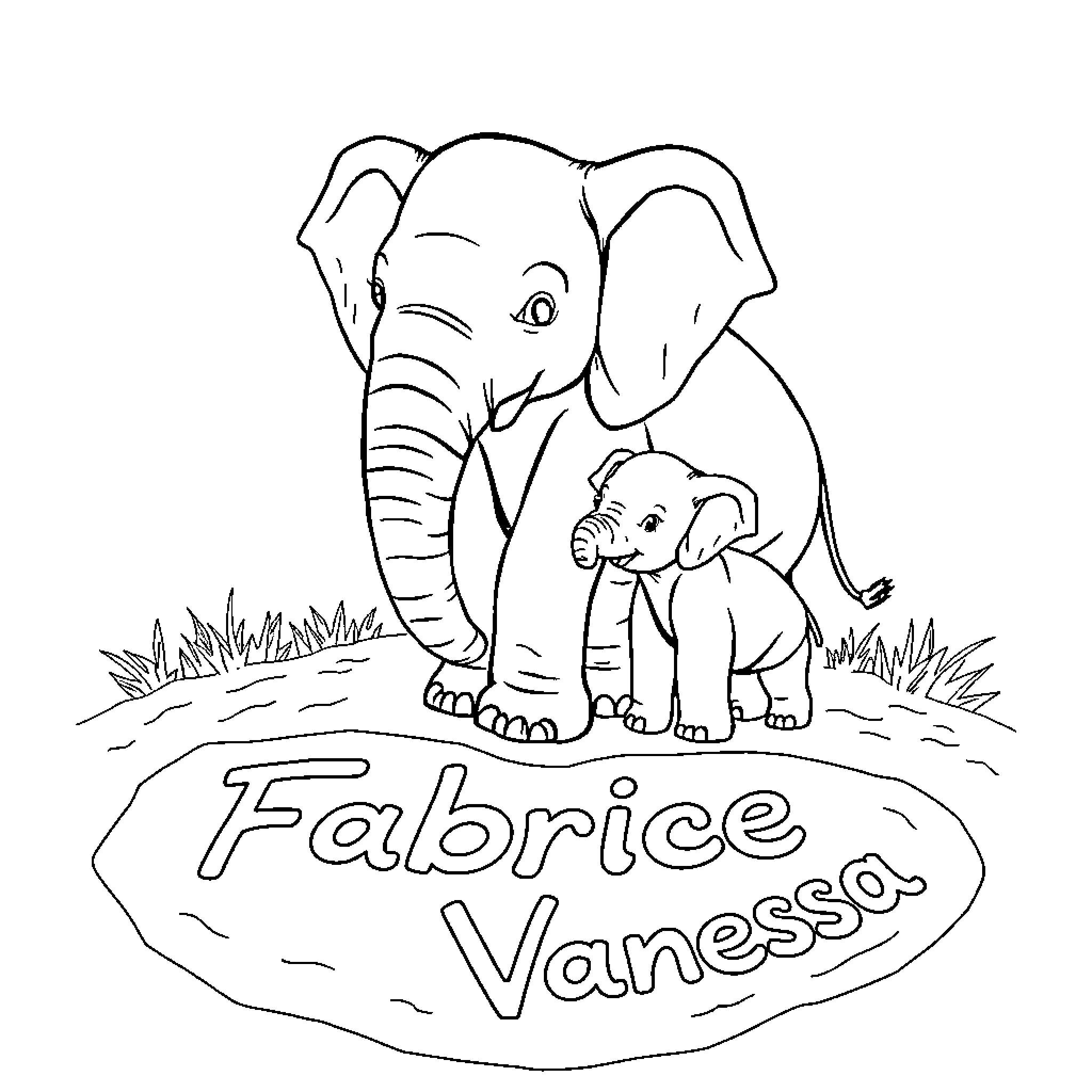 Elephant mother and calf in the grasslands Coloring Page (free black-and-white line drawing printable PDF for all, from beginners to advanced learners, including children, teens, adults, and seniors)
