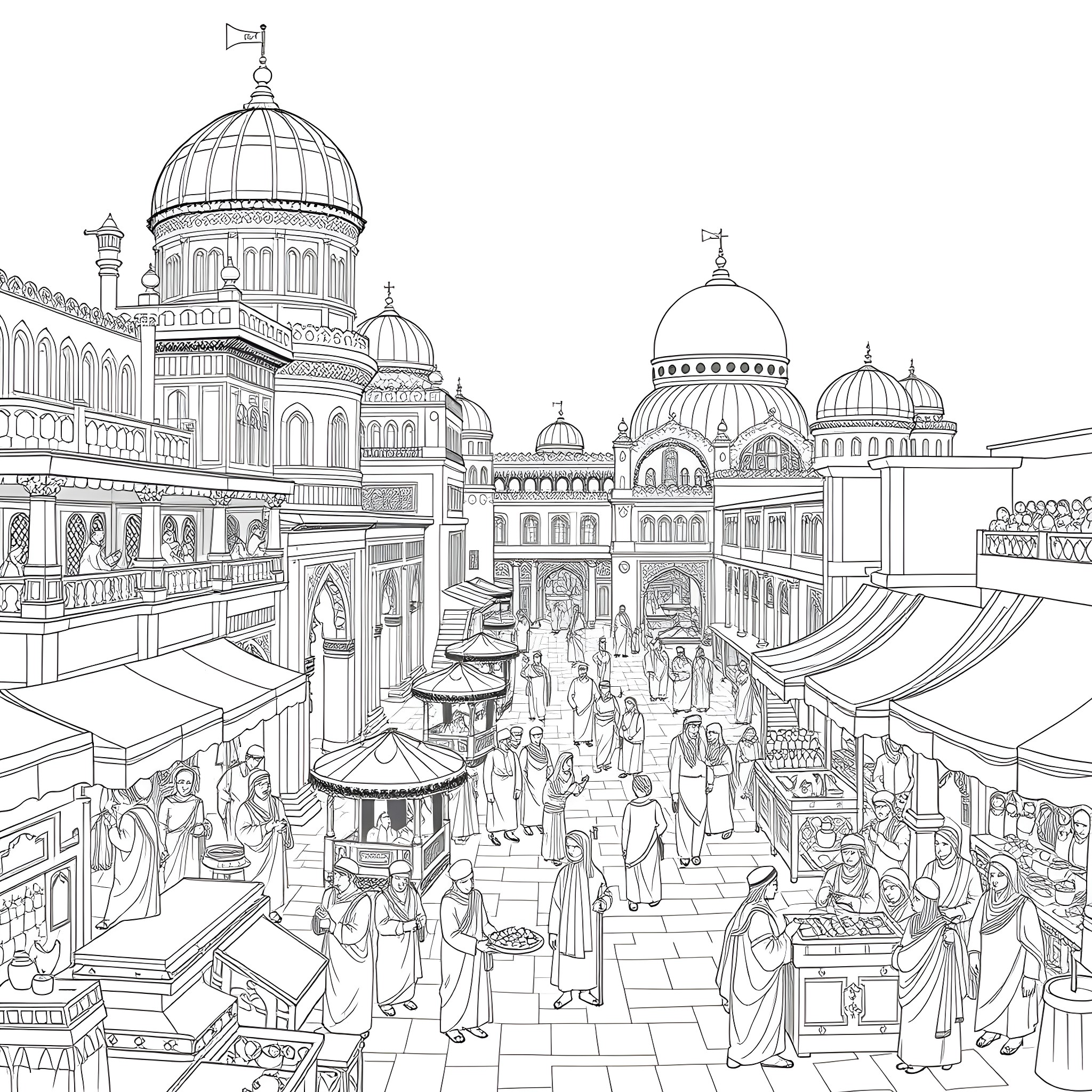 Ancient Life in a Bustling Eastern Market Coloring Page (free black-and-white line drawing printable PDF for all, from beginners to advanced learners, including children, teens, adults, and seniors)