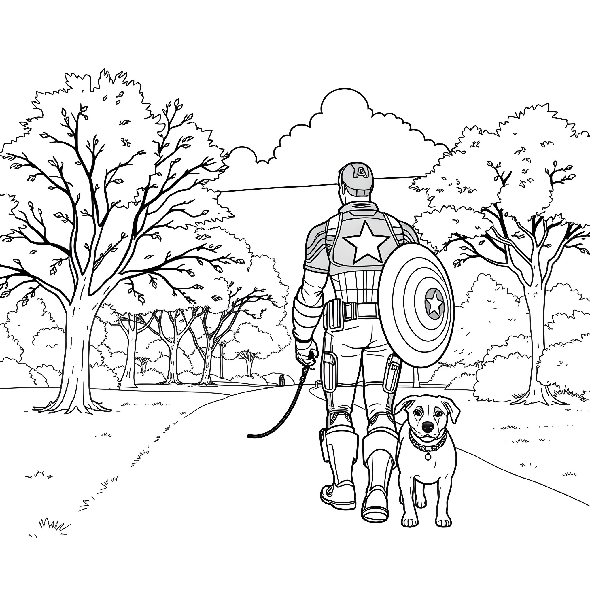 Captain America walking his dog in the forest Coloring Page (free black-and-white line drawing printable PDF for all, from beginners to advanced learners, including children, teens, adults, and seniors)