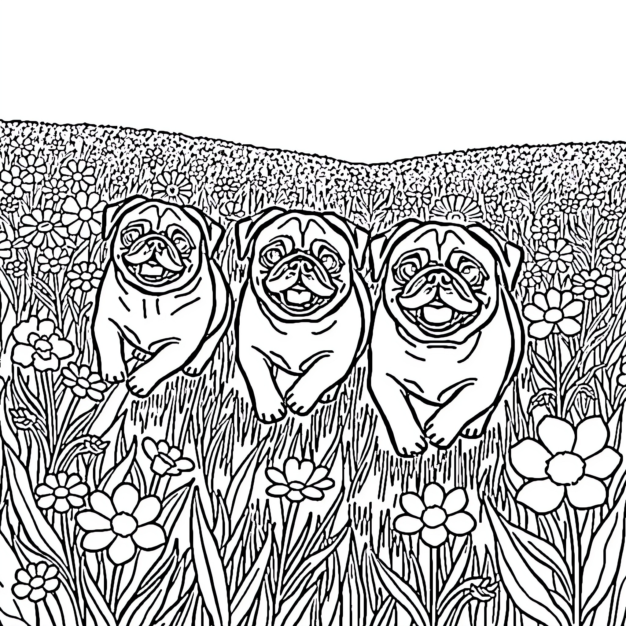 Pugs enjoying a flower-filled meadow Coloring Page (free black-and-white line drawing printable PDF for all, from beginners to advanced learners, including children, teens, adults, and seniors)