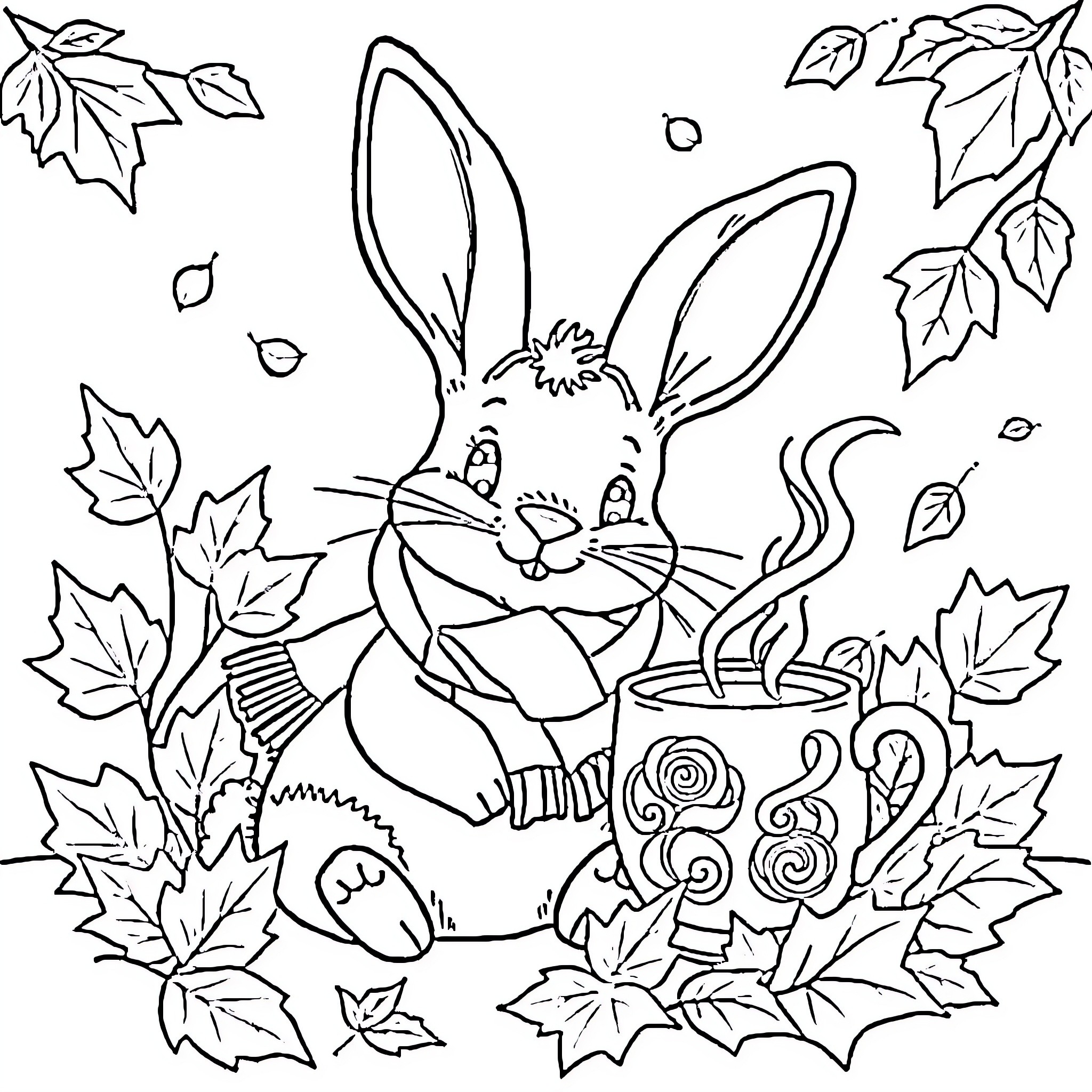 Bunny Enjoying a Warm Beverage in Autumn Leaves Coloring Page (free black-and-white line drawing printable PDF for all, from beginners to advanced learners, including children, teens, adults, and seniors)