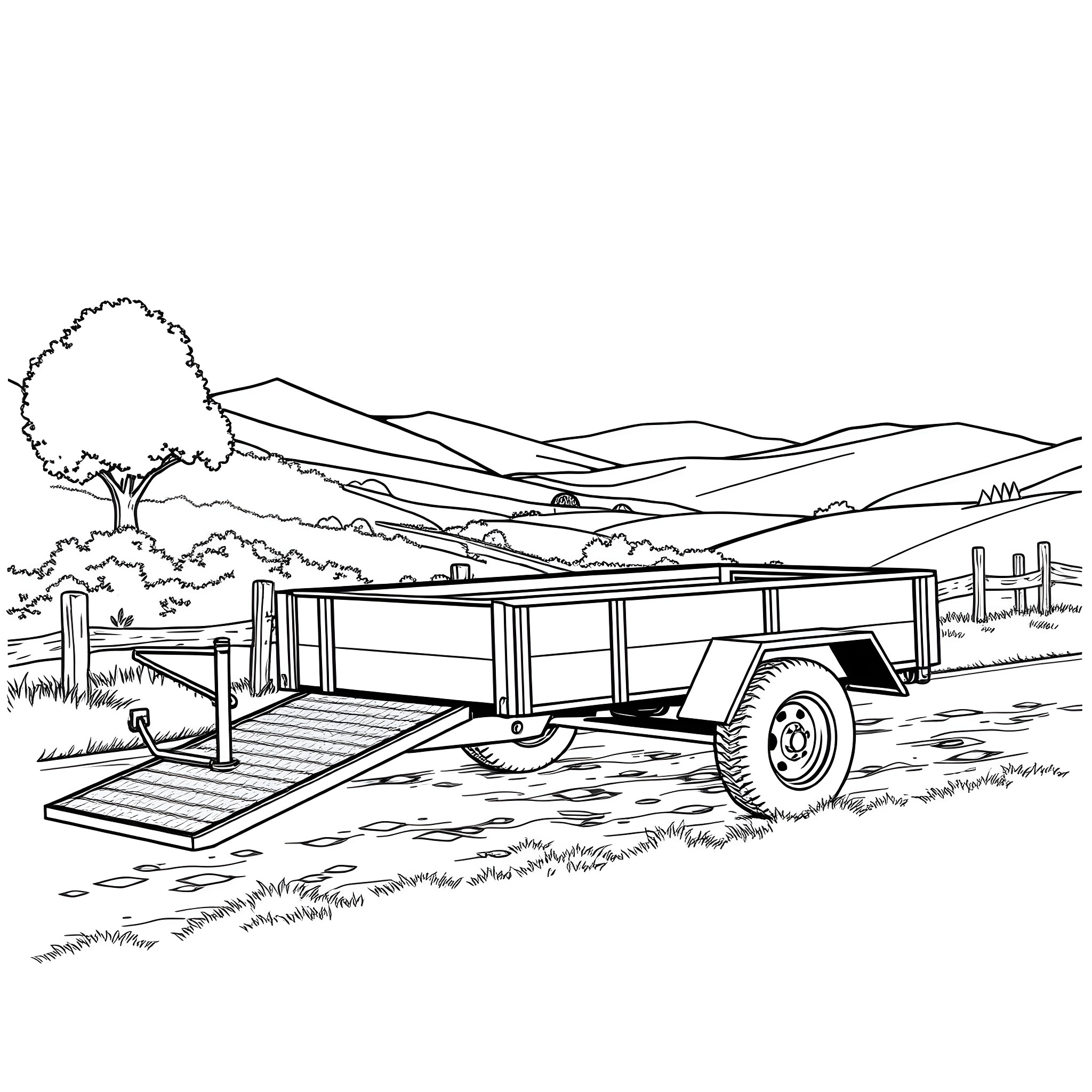 Car Trailer on a Winding Country Road Coloring Page (free black-and-white line drawing printable PDF for all, from beginners to advanced learners, including children, teens, adults, and seniors)